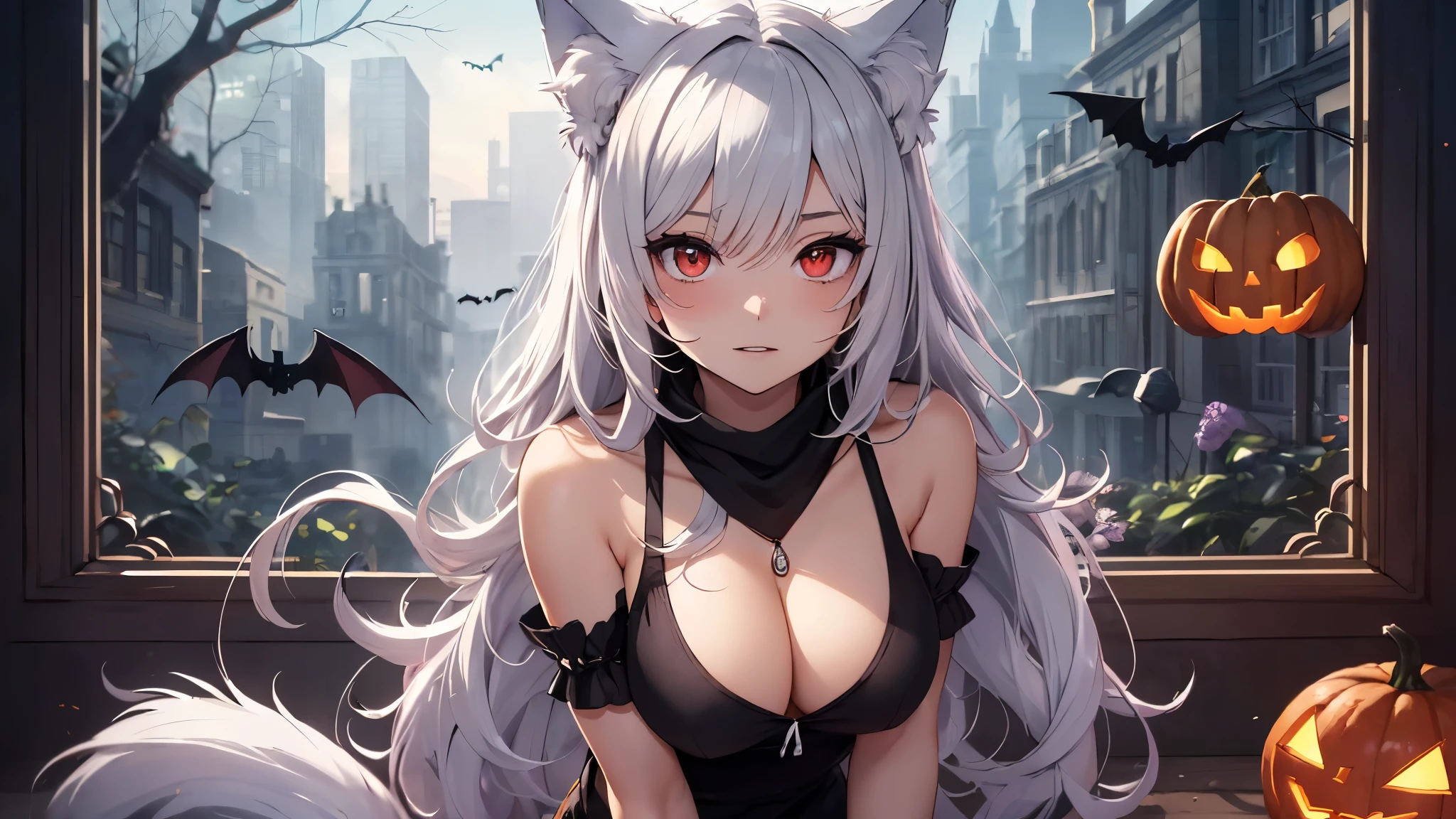 top-quality、Top image quality、masterpiece、s girl((18year old,Black and orange tank top,Orange and black shorts、orange scarf,Best Bust、Bust 85、Silver hair、Longhaire,Red Eyes、open chest wide、Valley、Happiness、A slender、Blood coating、Leaning forward、Emphasis on the chest、Wolf tattoo、wolf ear、Wolf tail、excited expressions、Wolf gloves、nails are growing、Cute wolf,Riding on the viewer's waist))hiquality、Beautiful Art、Background with((natta、window、dark sky、Halloween at night、the bats、pumpkins,Nightmare、Halloween、forest pathway))、masutepiece、Elaborate design、visualart、Theater Screen、