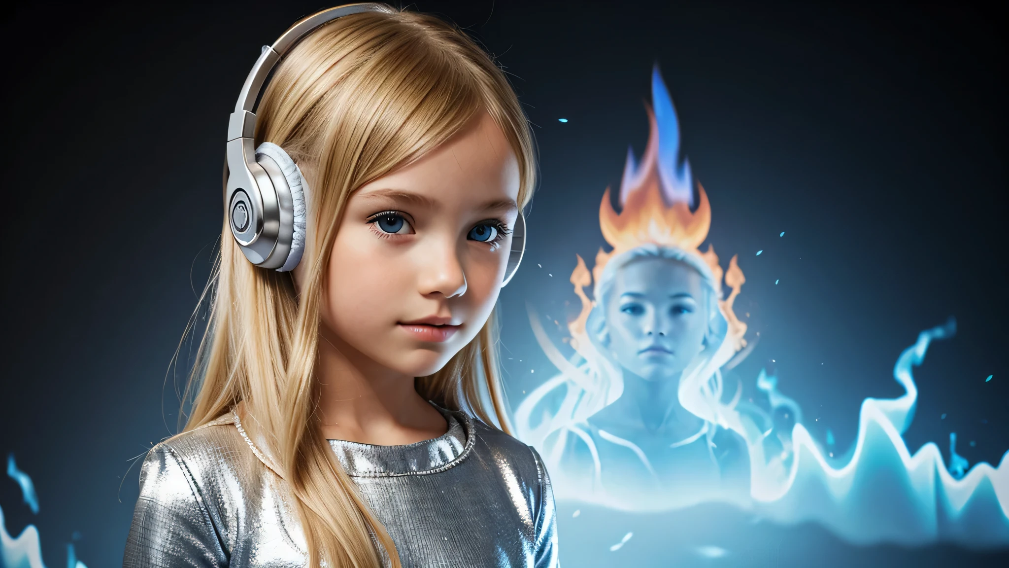 girl blonde kids hEADPHONE, humanoid background icon OF FIRE, silver dress.