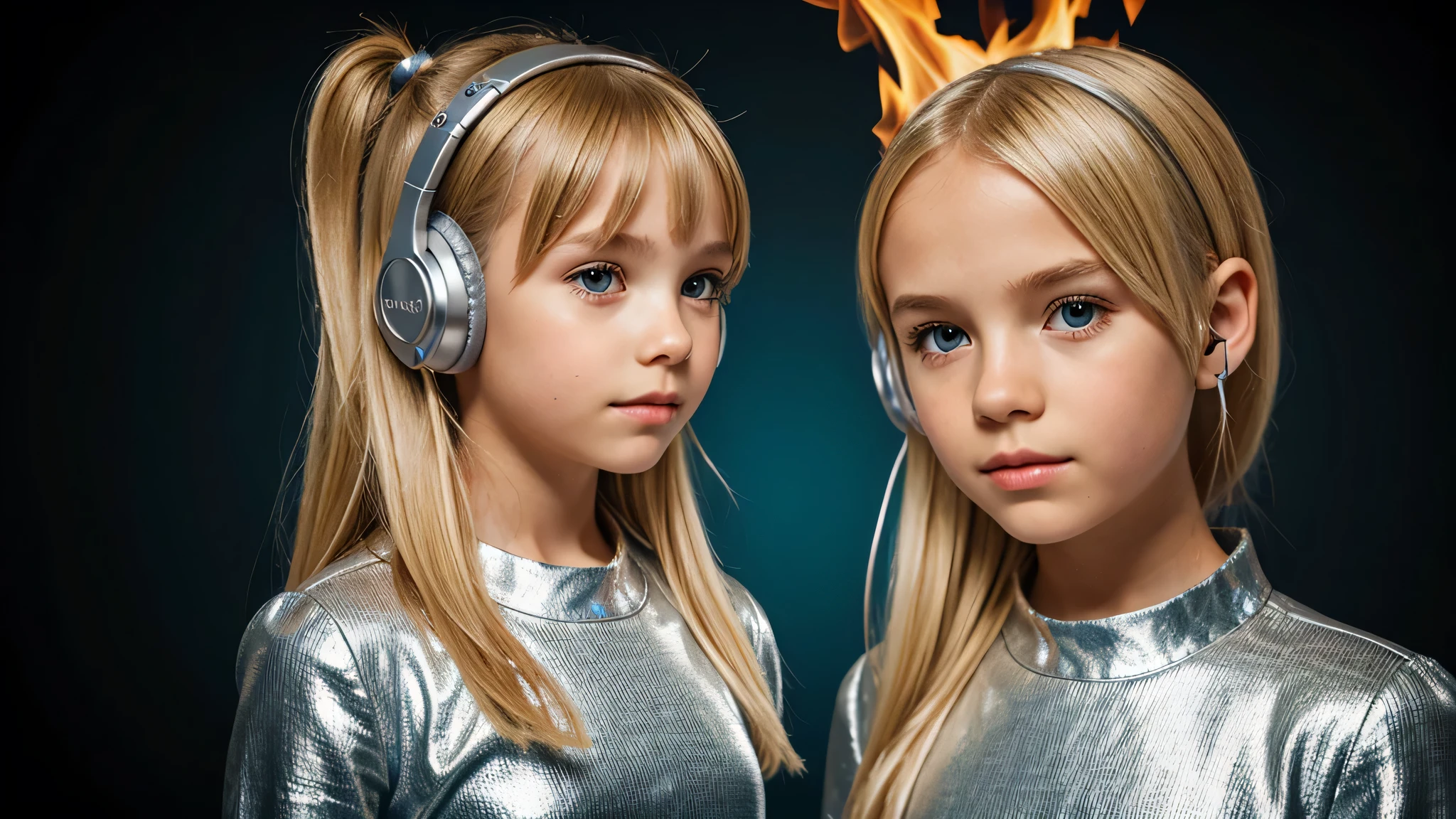 girl blonde kids hEADPHONE, humanoid background icon OF FIRE, silver dress.