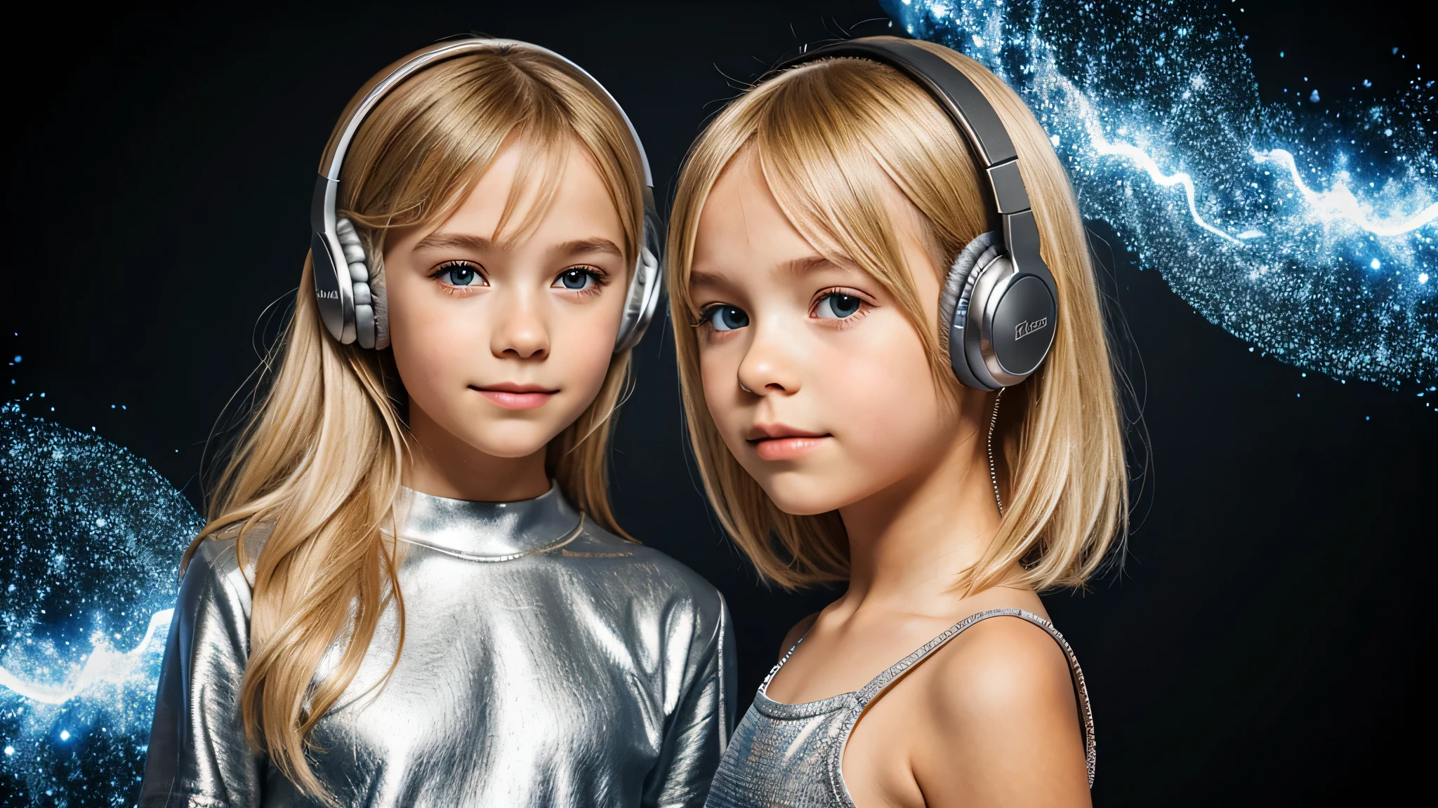 girl blonde kids hEADPHONE, humanoid background icon ON FIRE, silver dress.