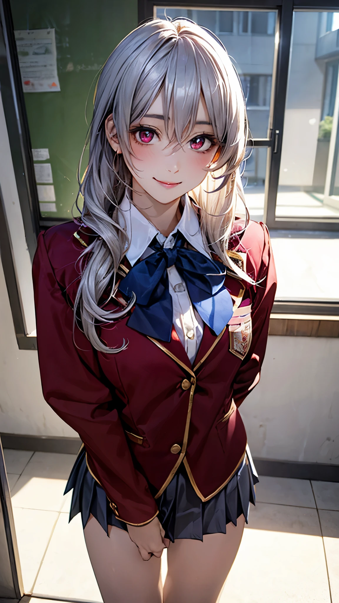 (masterpiece:1.2, top-quality), (realistic, photorealistic:1.4), beautiful illustration, (natural side lighting, movie lighting), nsfw, 
looking at viewer, 1 girl, japanese, high school girl, perfect face, cute and symmetrical face, shiny skin, 
(middle hair, straight hair, silver hair), hair between eyes, dark red eyes, glowing eyes, big eyes, long eye lasher, (medium breasts), slender, 
beautiful hair, beautiful face, beautiful detailed eyes, beautiful clavicle, beautiful body, beautiful chest, beautiful thigh, beautiful legs, beautiful fingers, 
((fumizuki academy school uniform, wain-red school blazer, white collared shirts, grey pleated mini skirt), dark blue bow tie), 
(beautiful scenery), evening, (school classroom), standing, (lovely smile, upper eyes), 