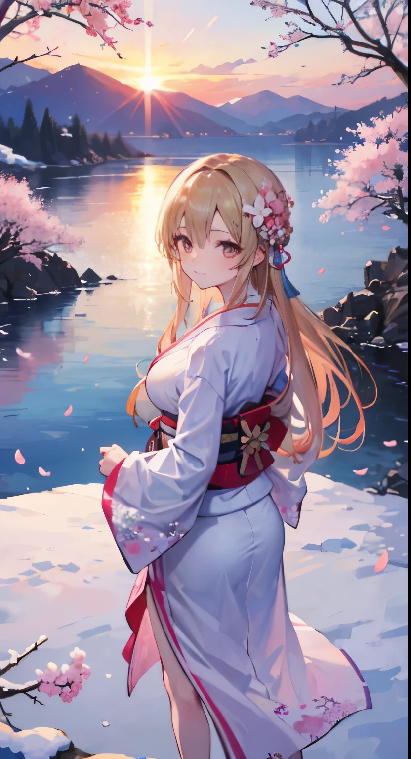 Asuna, masterpiece, highest quality, be familiar with, (1 girl), alone, be familiar with golden eyes, long hair, Are standing, close to the viewer, (be familiar with kimono), light smile, medium breasts, (turn your arms behind your back), water, sunset, (hair ornaments), (Cherry Blossom), Snow mountain lake in the background