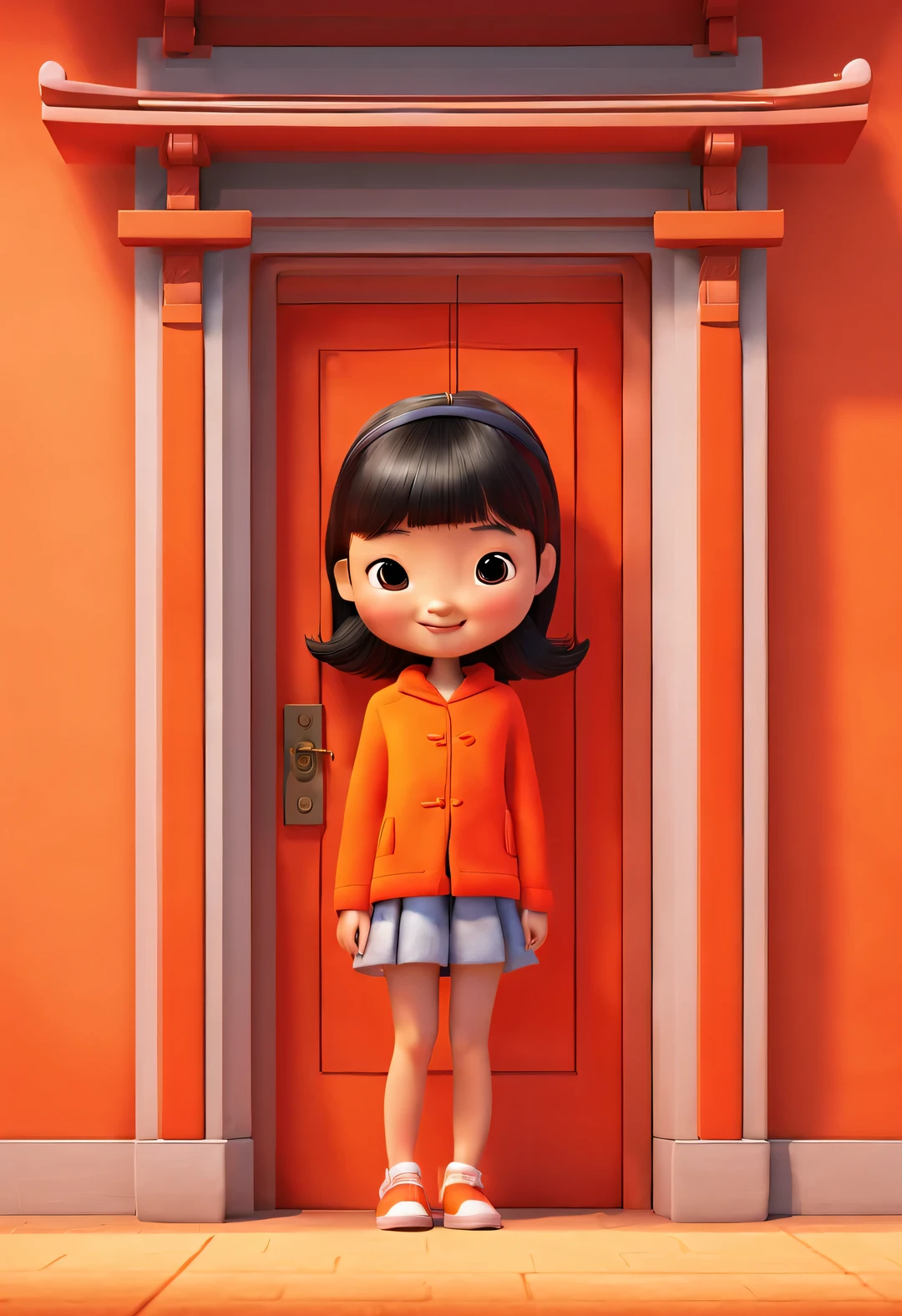 pixar animation，Cute Chinese girl hiding behind orange door，Only head exposed，，
bright smile，glare，Ultra-detailed details，simple clean red background，