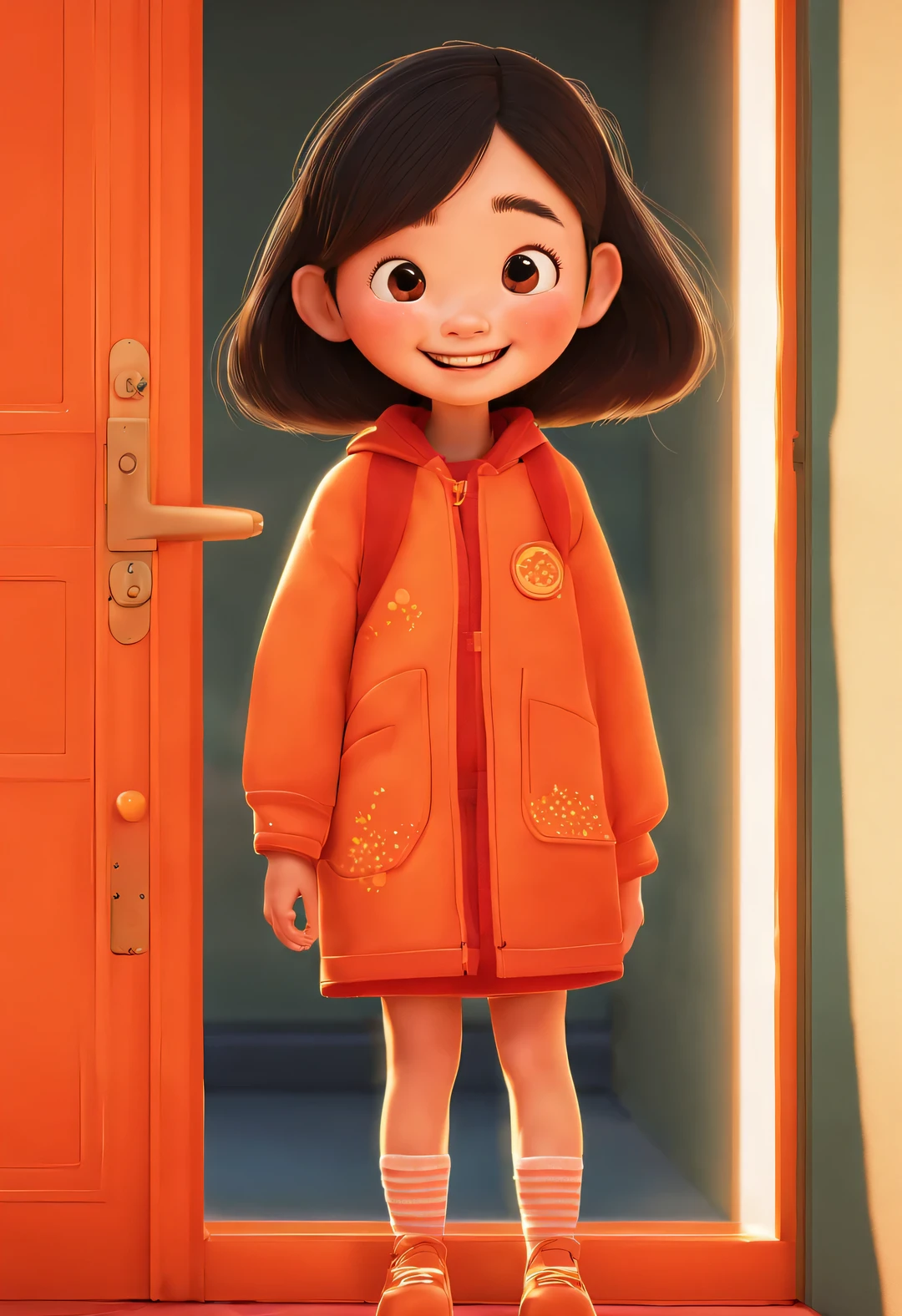 pixar animation，Cute Chinese girl hiding behind orange door，Only head exposed，，
bright smile，glare，Ultra-detailed details，simple clean red background，