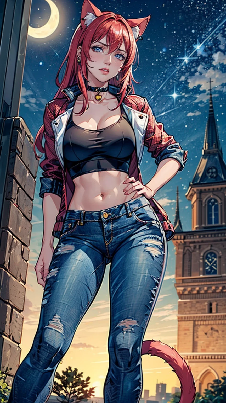 ((((masterpiece, (dark purple eyes), dark pink lipstick)), ((Extremely detailed, ambient soft lighting, 4k, perfect eyes, a perfect face, perfect lighting, a 1girl, animal ears, black thighs, (cat ears, cat's ear cat tail), closed mouth, collarbone, Covered, crop-top, facial mark, ((neck, jacket, mini short, short jeans, mini short jeans)), lips, looking to viewer, 独奏, tail, Curvy hips, Lush, tights in a mesh)), standing on a tower, cityscape in the background with church, (starry night), crescent moon)), TakashiroHiroko, 1girl, mature woman, alone, cowboy shot, looking at viewer, blushing, dark purple eyes, long hair, red hair, earrings, jewelry