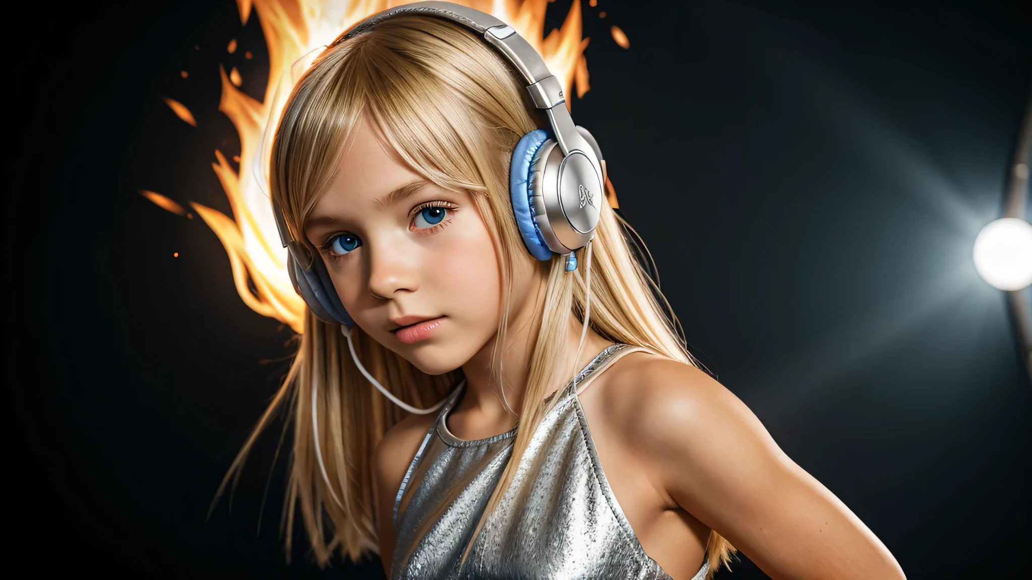 girl blonde kids hEADPHONE, humanoid background icon ON FIRE, silver dress.