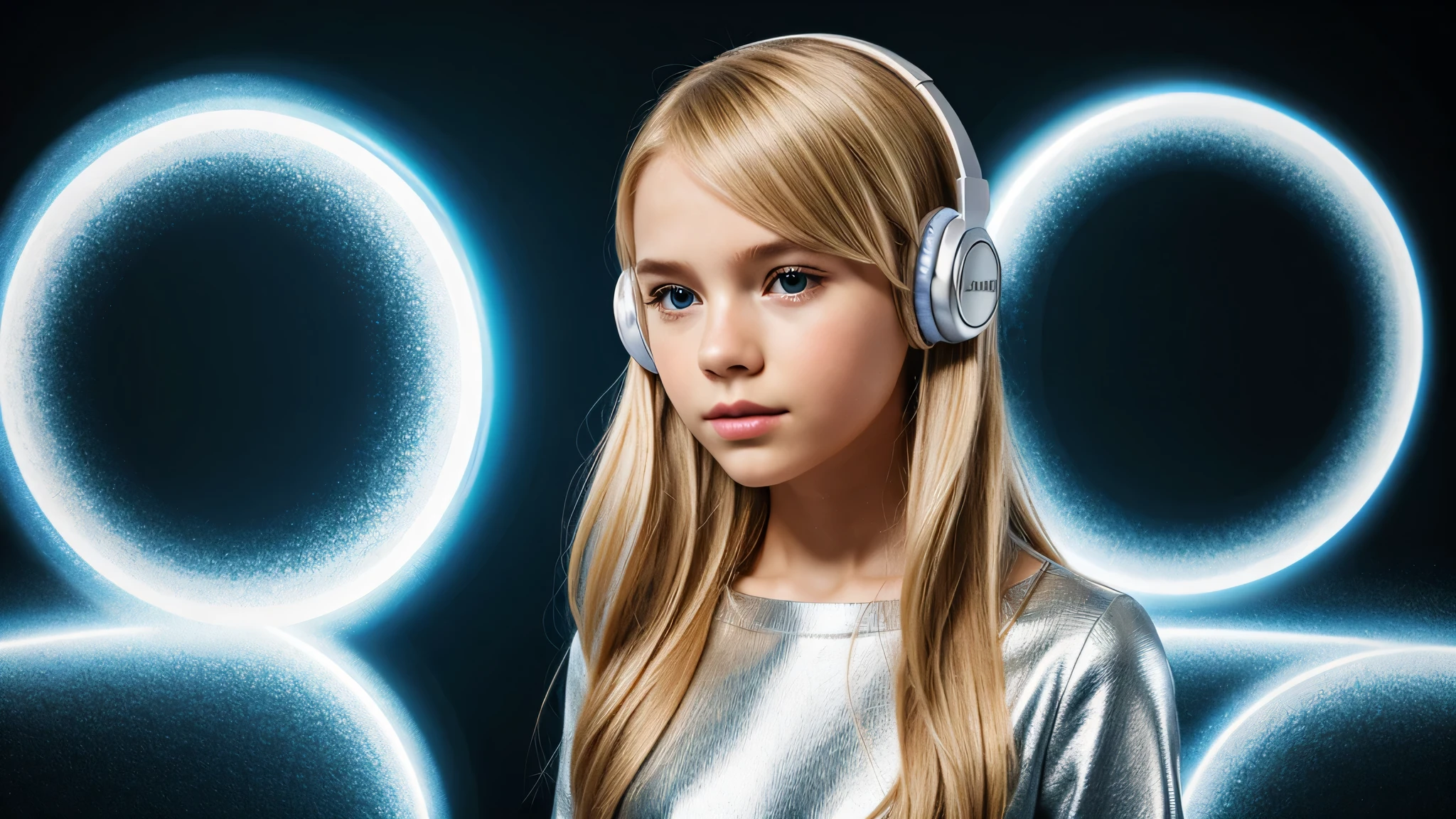 girl blonde kids hEADPHONE, humanoid background icon ON FIRE, silver dress.