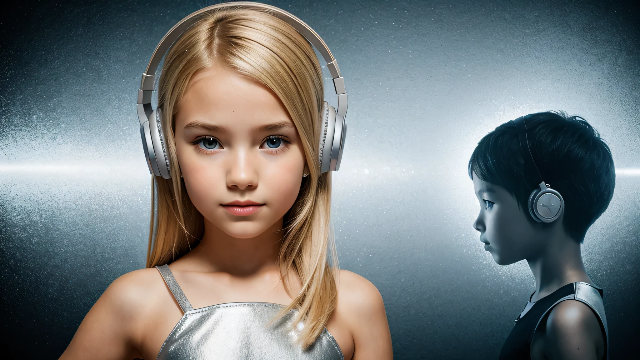 girl blonde kids hEADPHONE, humanoid background icon ON FIRE, silver dress.
