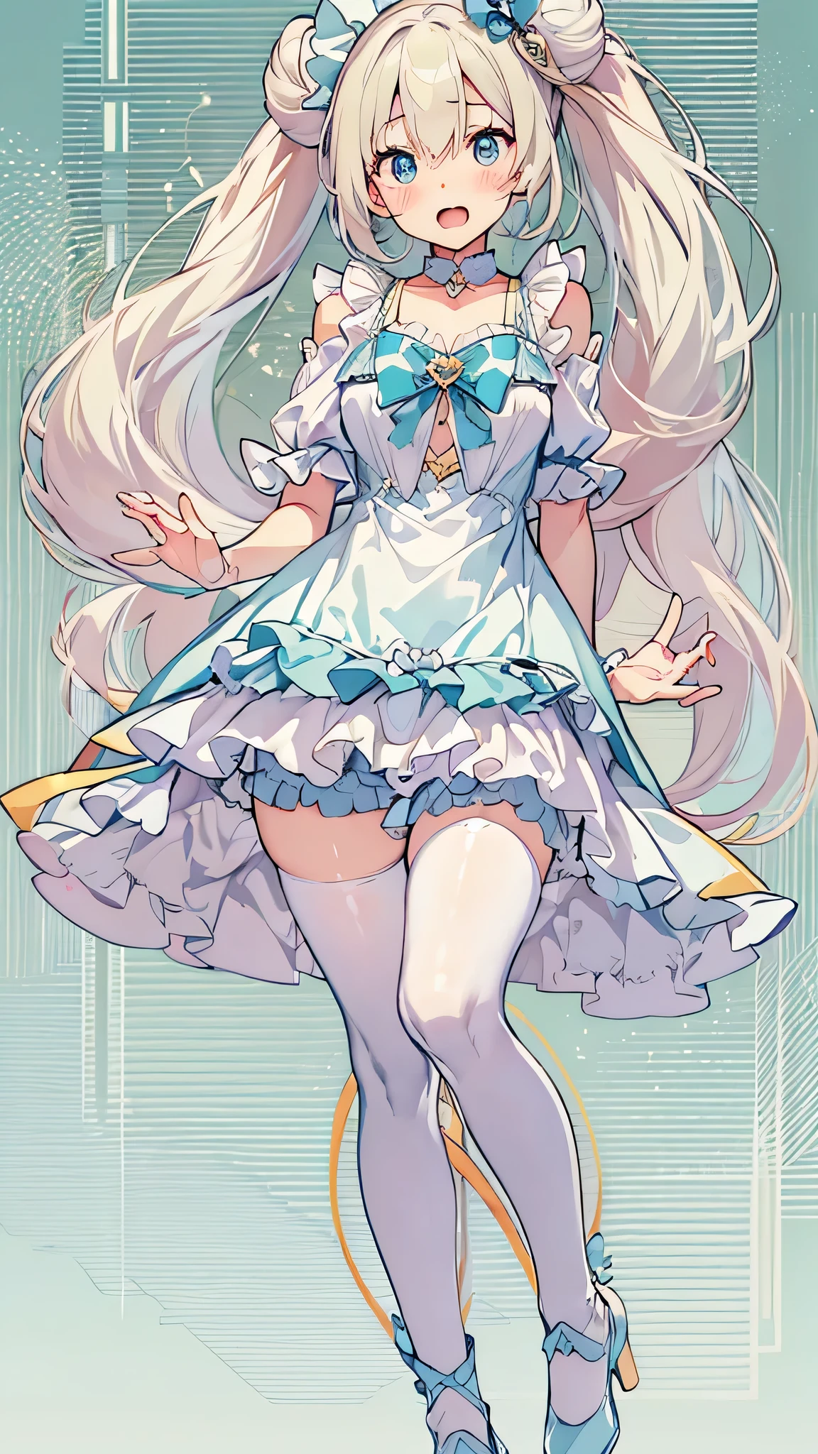 (cute illustration:1.2), high-resolution, ultra-detailed, best-quality, (best picture quality, 4K, high quality, masterpiece:1.2), ((masterpiece)), high detail, high quality, (medium bun hair), ((blond hair)), cute, early teen magical girl, (white and blue gorgeous magical dress with frills:1.2) sleeveless, detached sleeve, armpits, openchest, white thigh high pantyhose, armpits, squatting, spread legs, embarrassed, crying