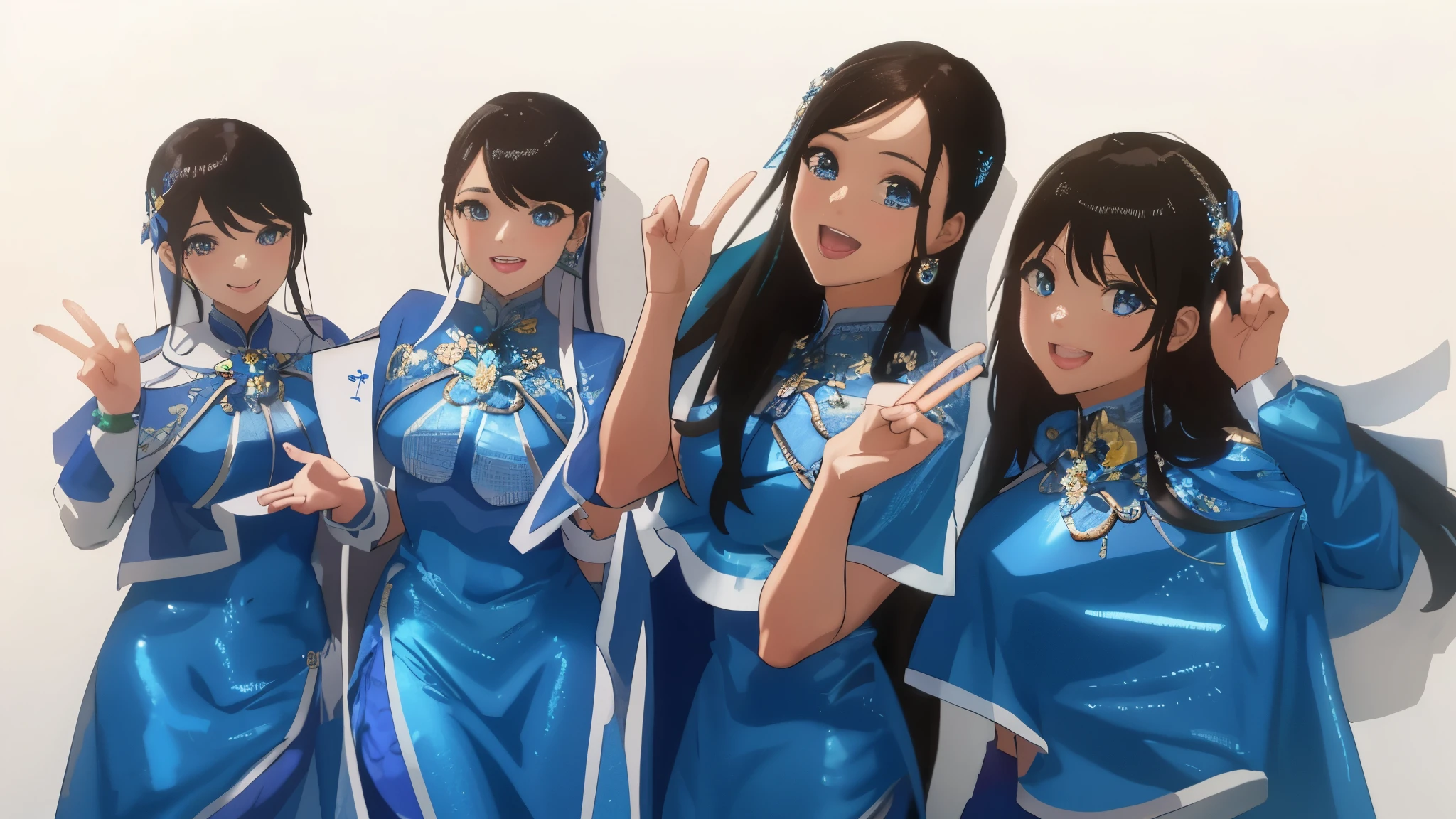 Idol wearing blue futuristic costume、Four beautiful girls are dancing on stage, performance on stage, concert video, anime beautiful girl、Plump breasts、Yuzuhime Daikoku、beautiful abs、slender、hopeful smile