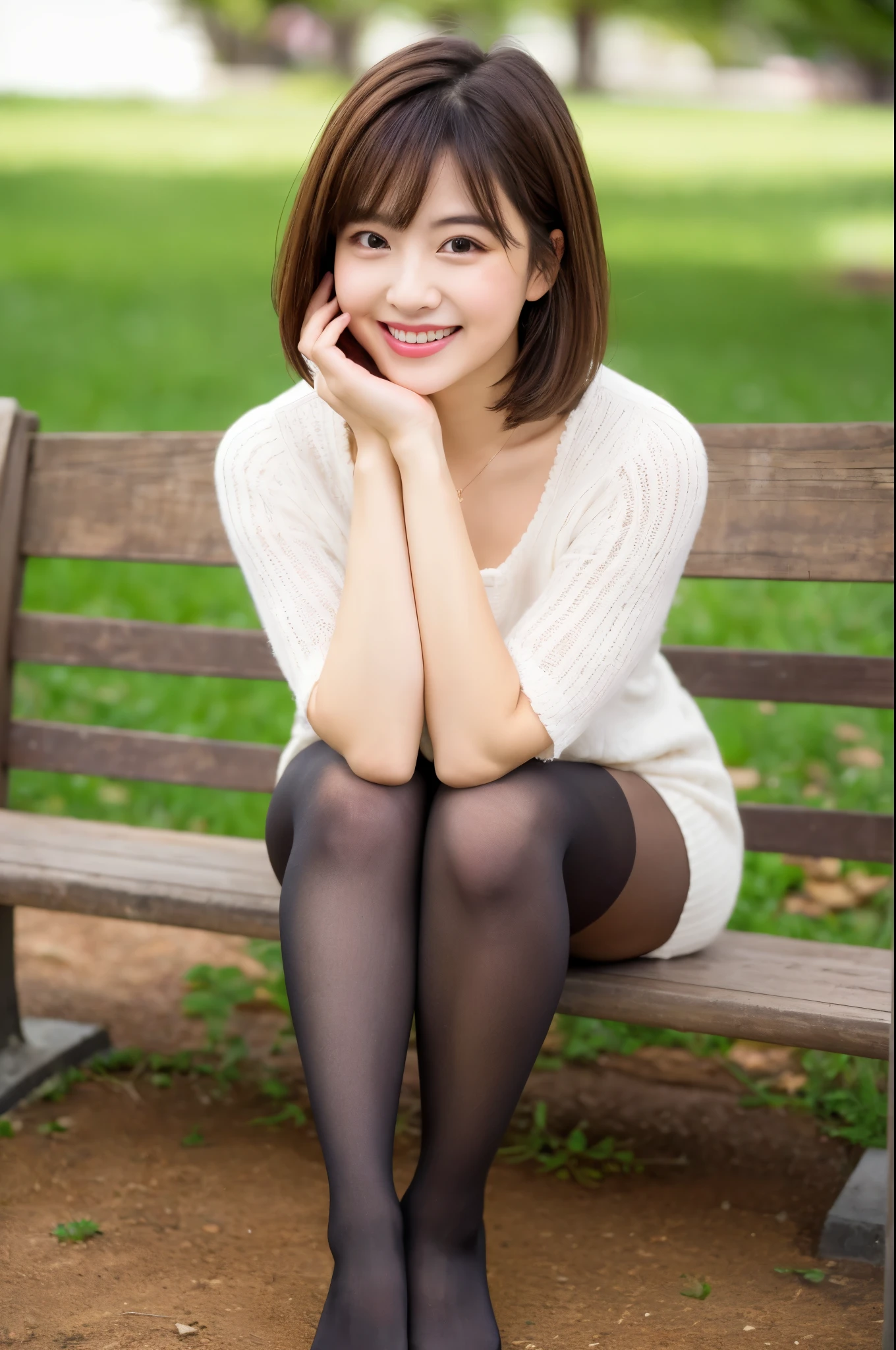 ulzzang-6500-v1.1, (RAW photo:1.2), (Photoreal), beautiful details, (genuine: 1.4), A naive 33 year old wife、(Wearing a high neck knit dress that clearly shows off your body line)、(super realistic pantyhose:1.3)、thighs thighs thighs、sitting on a park bench、Height: 156 cm, A little chubby body type、japanese model, short layered hair、laughter、smile、japanese girl, neat japanese woman, japanese goddess, innocence、huge file size, High resolution, very detailed, highest quality, [masterpiece:1.6], enlightenment, very detailed, nffsw, finely, highest quality, 8k wallpaper, movie lighting,  cute droopy eyes beautiful big eyes、((muste piece)), highest quality, 1 milf, eye shadow, portrait, ((full body shot:1.3))、((とても愛情深いsmile:1.2))、((elegant brown hair:1.4)),((Short hairstyle:1.4)), 　shiny skin、exposed thighs!!!、