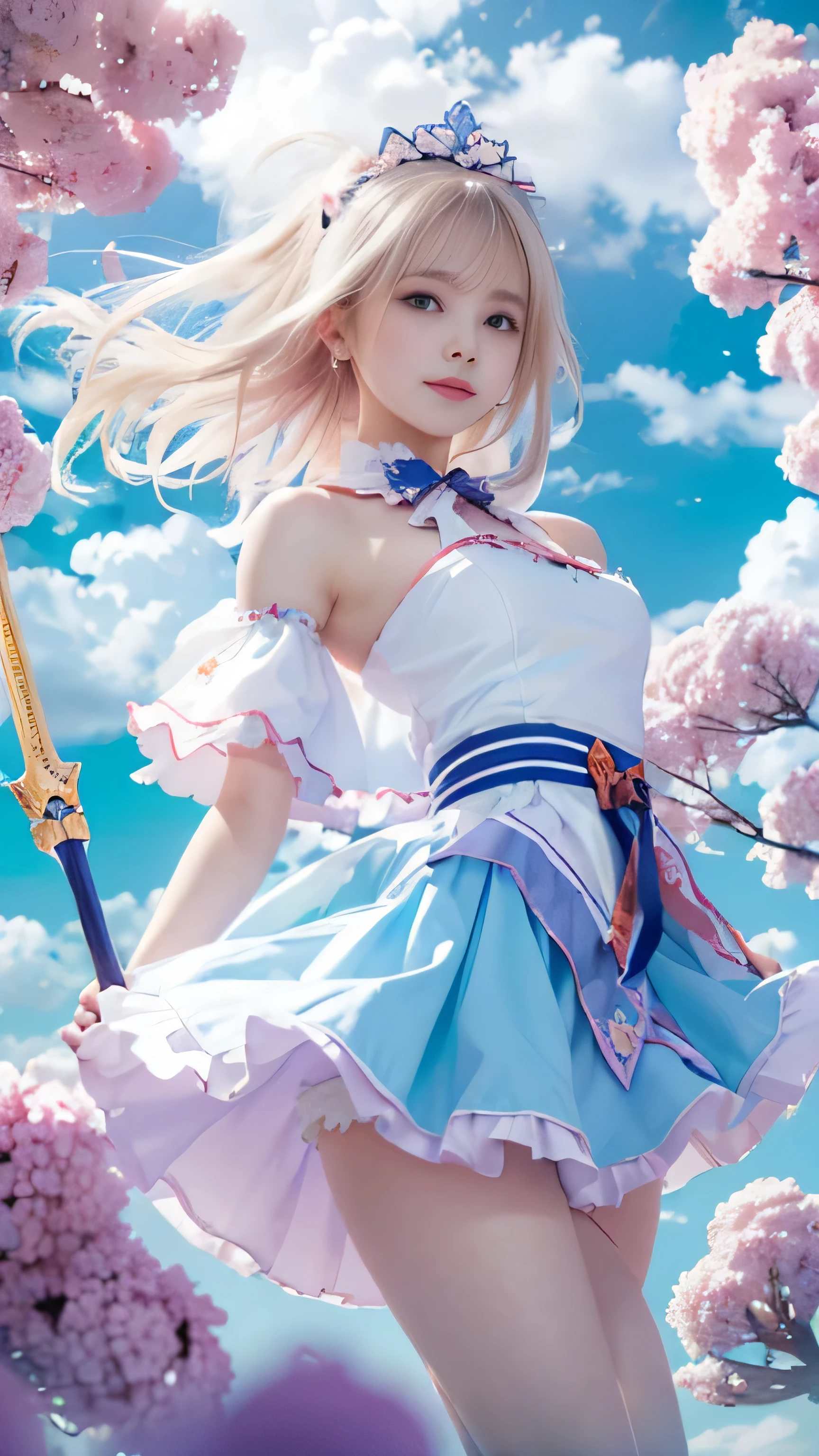 ((RAW image quality:1.4)), 1 girl, , Japanese, A woman wearing a blue and white lolita costuloating in the sky with magical power, Reflecting the strength of her determination,Because she embodies the power of the forces of nature in battle.official art, 8k wallpaper, Super detailed, beautiful and aesthetic, beautiful, masterpiece, highest quality,(Pay attention to the thighs),pretty face,naughty smile, eye details,small bust、delicate body shape、(Wind,outstanding pale straight hair,floating skirt),white panties, (he has a long anime magic wand.)、(wonderful bright blue sky:1.4), biologically correct, A photo that shows the whole body,