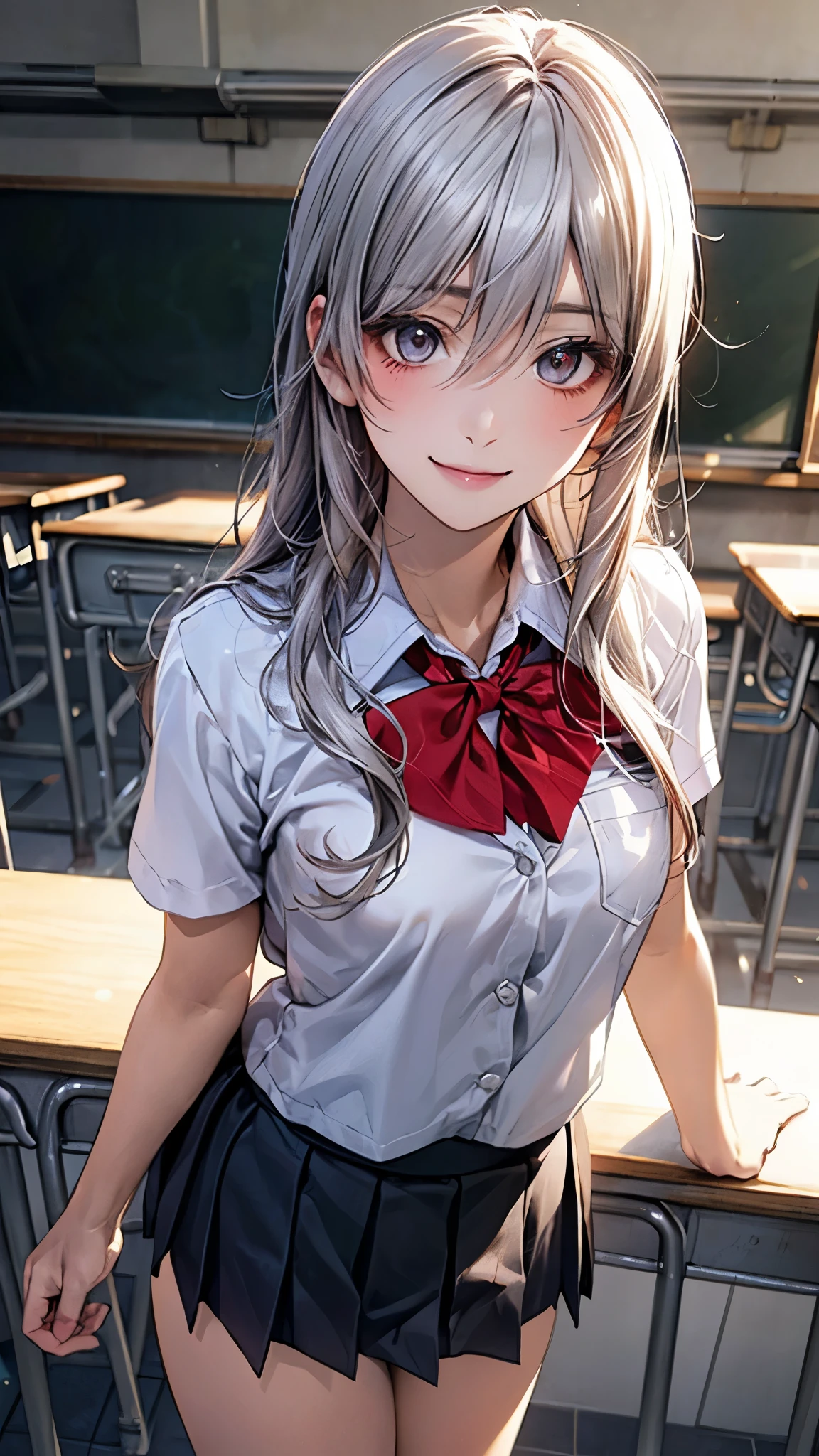 (masterpiece:1.2, top-quality), (realistic, photorealistic:1.4), beautiful illustration, (natural side lighting, movie lighting), nsfw, 
looking at viewer, 1 girl, japanese, high school girl, perfect face, cute and symmetrical face, shiny skin, 
(middle hair, straight hair, silver hair), hair between eyes, dark red eyes, glowing eyes, big eyes, long eye lasher, (medium breasts), slender, 
beautiful hair, beautiful face, beautiful detailed eyes, beautiful clavicle, beautiful body, beautiful chest, beautiful thigh, beautiful legs, beautiful fingers, 
((fumizuki academy school uniform, wain-red school blazer with white, white collared shirts, grey pleated mini skirt), dark blue bow tie), 
(beautiful scenery), evening, (school classroom), standing, (lovely smile, upper eyes), 