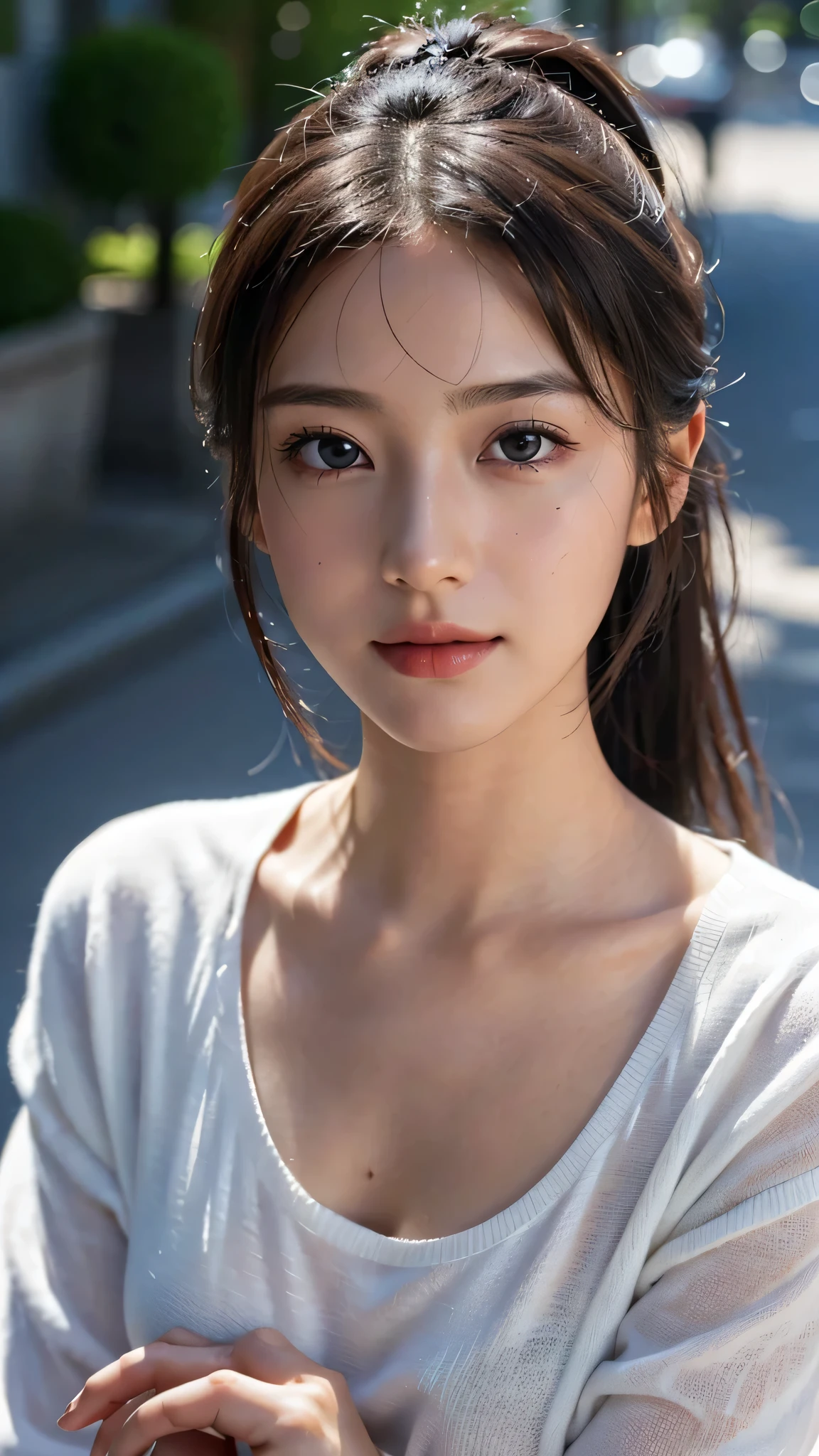 One woman,fully body photo,masutepiece, The highest image quality, High quality, the background is clear,Beautiful woman, Japanese, Detailed, Detailed eyes, Detailed skin, Beautiful skin, 超hight resolution, (reality: 1.4),Very beautiful woman, Slightly younger face, Beautiful skin, slender, (Ultra photo realsisim), (hight resolution), (8K), (Very detailed) (beautifully detailed eyes), (super detailed), (Detailed face), view the viewer, Fine details, Detailed face, Staring straight ahead, Staring straight ahead, photos realistic, Bright lighting, Professional Lighting, Black hair,poneyTail,a baby face,sixteen years old,髪型はponeyTail,ロングのponeyTailの髪型,slight smile,Long Sleeve Knitwear,European Streets