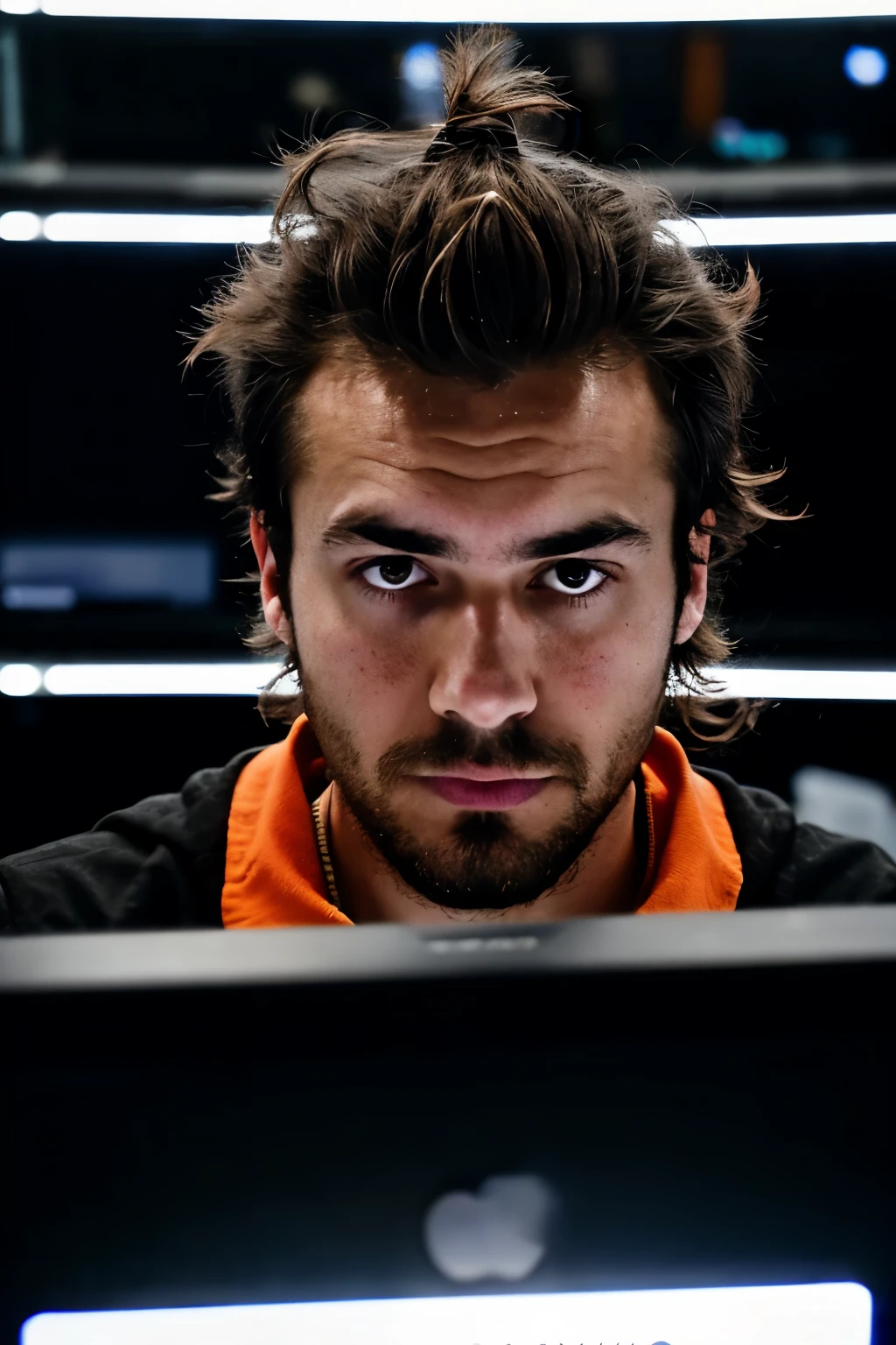 A front-end developer is coding intensely while building an app, His concentration and determination are evident, His chaotic hairstyle contrasts with his methodical work, The room is dark, the screens cast a glow but no code is visible on them, No keyboard is visible