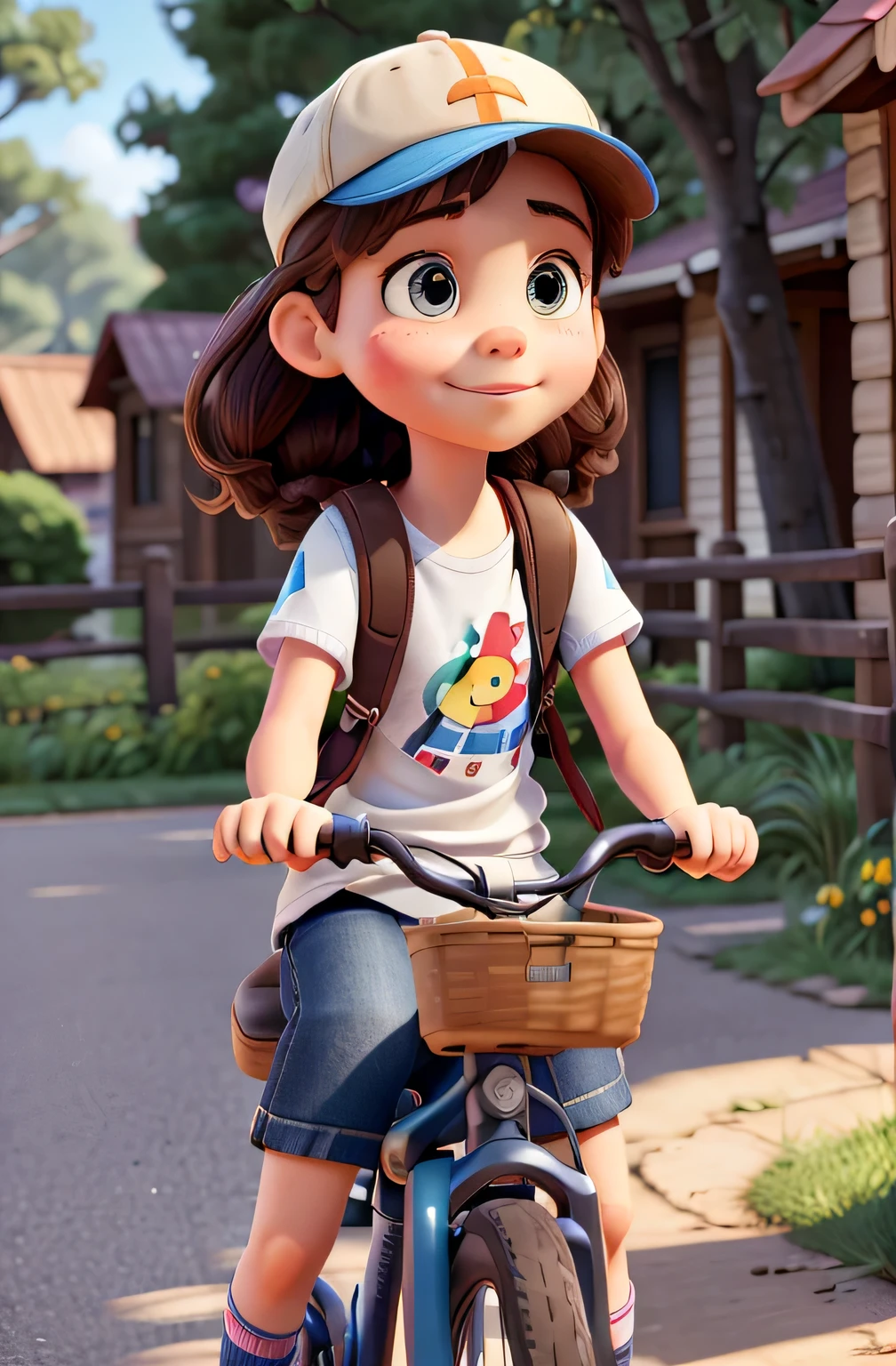 A girl sitting on the bicycle, basket, rough hair, backpack, wooden clothes, cap, happy emotion, (best quality, 4k, highres, masterpiece:1.2), ultra-detailed, (realistic, photorealistic, photo-realistic:1.37), portraits, vivid colors, warm color tone, soft lighting.