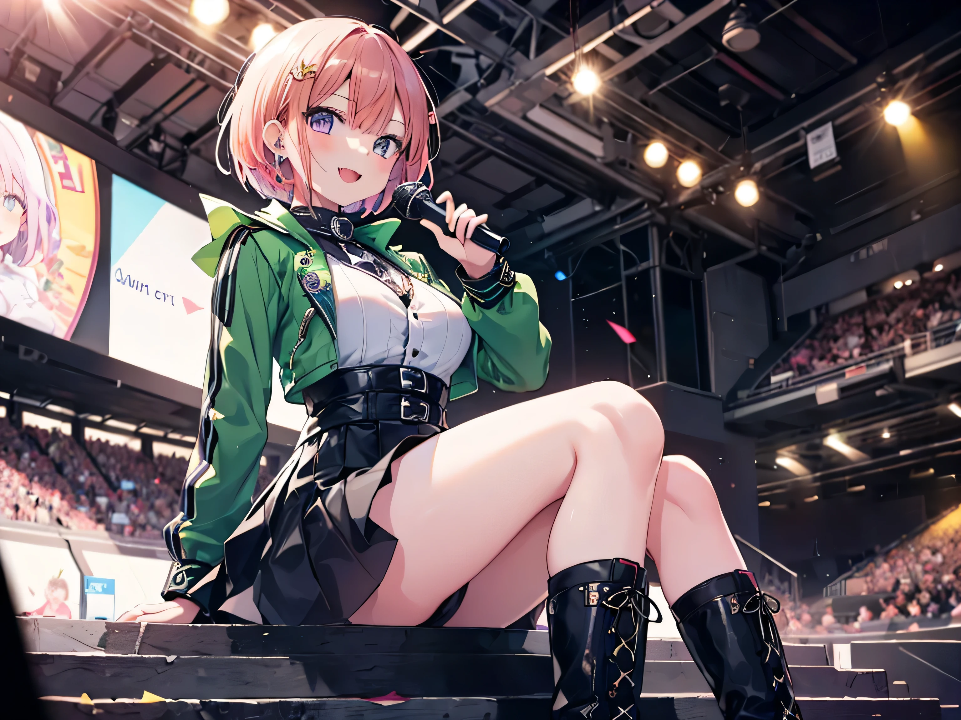{{{one girl with seven heads}}}, beautiful detailed girl, game CG, short bob hair, pastel orange hair, purple eyes, Exquisite accessories throughout the body, alone, Breast augmentation, medium shoot, woman, big breasts,{{{{{緑色のIdol衣装}}}}}, {{{{{Wearing a green jacket}}}}}, white shirt, beautiful and detailed eyes, highest quality, super delicate, highest quality, official art、highest quality、unity 8k wallpaper、32K、masterpiece、Super detailed, Spectator seats that can see far away, complex spotlight, Multiple audience background,A live stage surrounded by lots of light, Colorful penlights in the distance, thick thighs, cute smile, open your mouth, singing with a microphone,Event still images,brown boots,Idol,