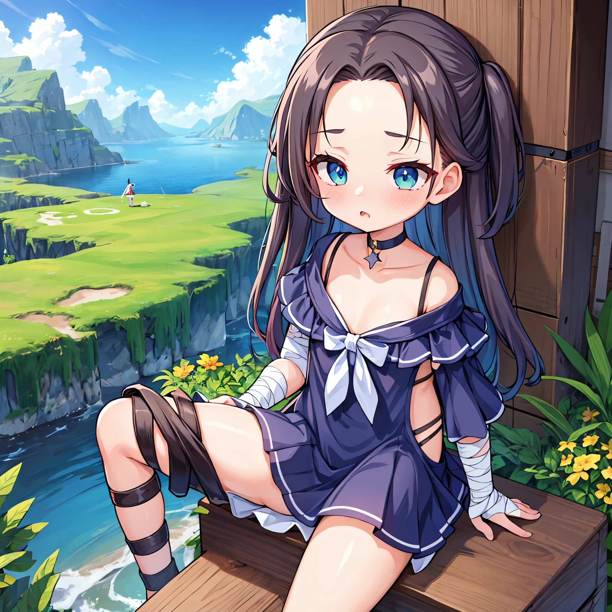 girl, confuses me, golf short dress, choker, panties visible, holding panties in his hands, looks out from under his forehead, Trembling, fantasy world, fantasy landscape, verveka on the legs, bandage on leg, is sitting, spread legs,
