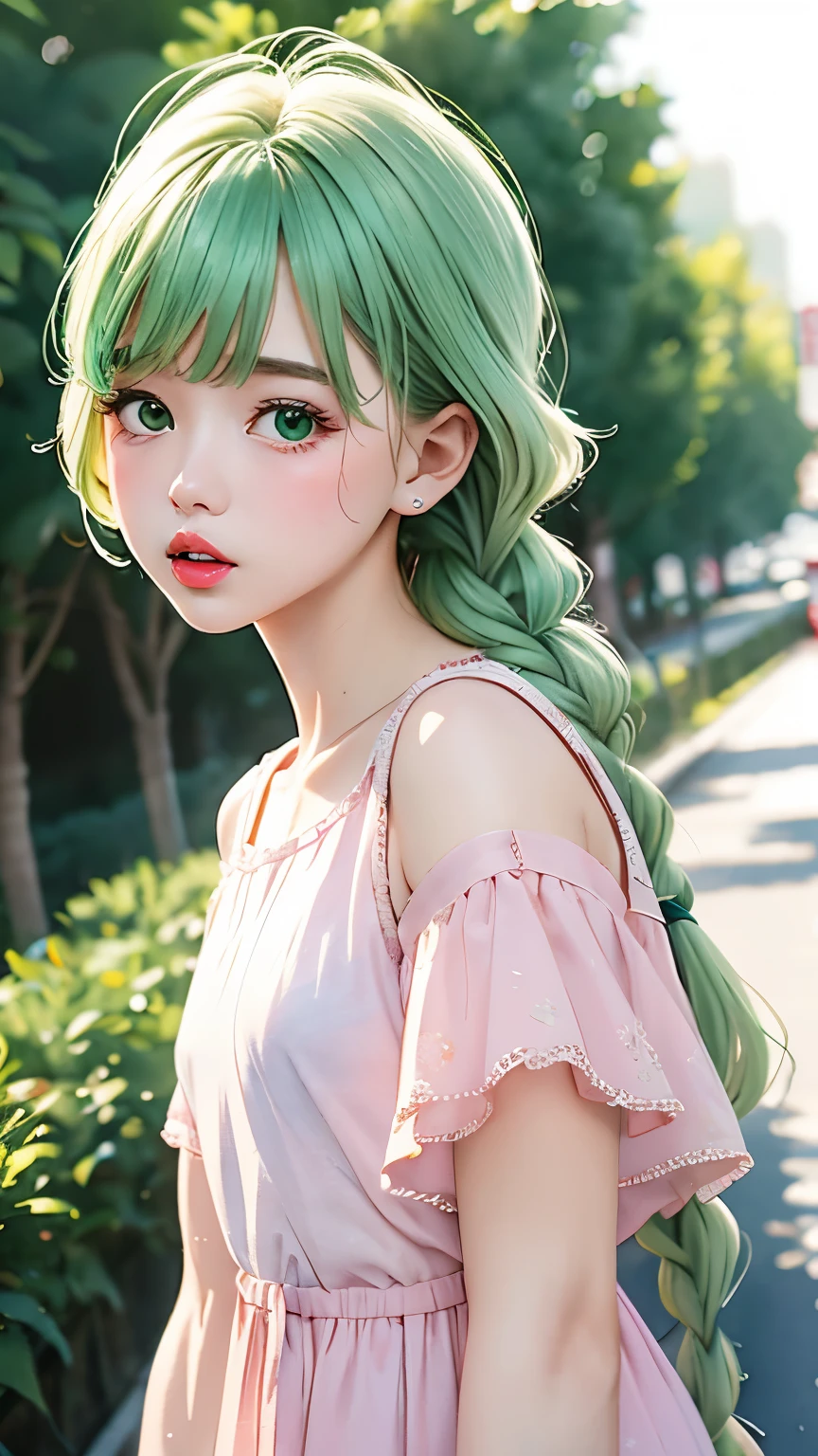 one girl、１２talent、baby face、whitish emerald green hair、Braid、anime style、cute face、small nose、plump lips、red lipstick、natural look、cute clothes、pink clothes、(((The background is blurry、blurred background、Watercolor-like background)))、highest quality、High resolution、High resolution、cinematic lighting、professional photographer