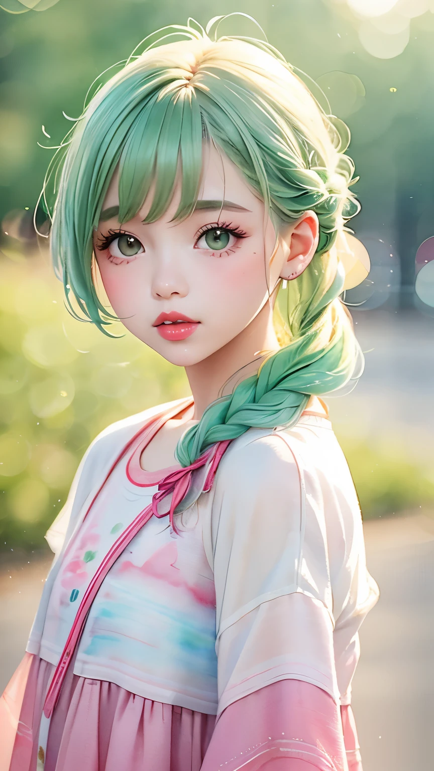 one girl、12talent、、whitish emerald green hair、Braid、anime style、cute face、small nose、plump lips、red lipstick、natural look、cute clothes、pink clothes、(((The background is blurry、blurred background、Watercolor-like background)))、highest quality、High resolution、High resolution、cinematic lighting、professional photographer