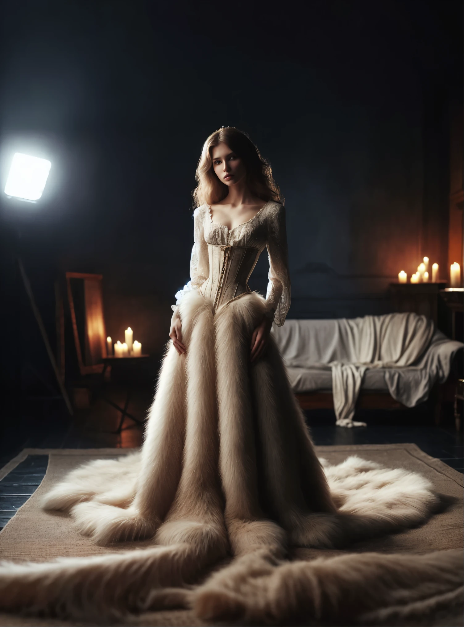 arafed woman in a white dress standing on a rug in a room, royal gown, exquisite aristocratic, long luxurious gown, wearing a magnificent dress, extravagant dress, haute couture fashion shoot, elegant lady with alabaster skin, victorian style costume, georgian dress, wearing an elegant dress, intricate victorian dress, victorian dress, white regal gown