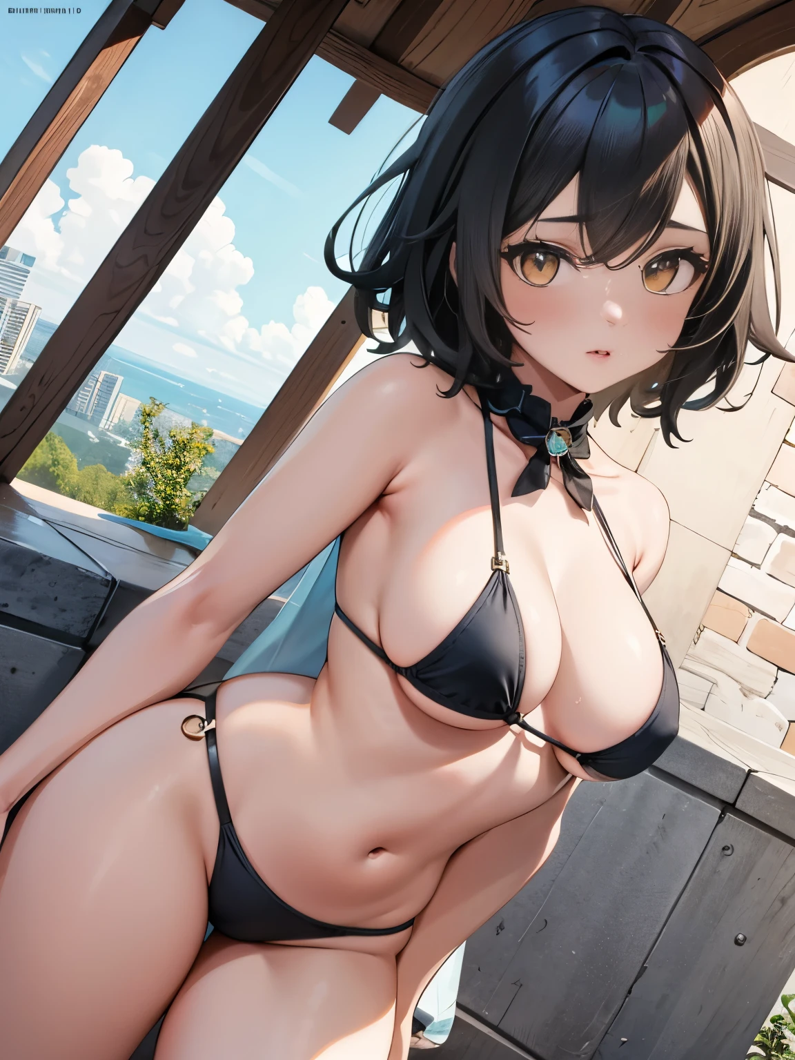 a girl, , ass facing the public, showing her buttocks, sensual pose, short hair, perfect body, sensual cleavage, medium breasts, wearing micro bikini, sexy black bikini, vinyl bikini, Ultra HD, 4k image, best image quality, (fidelity: 1.4), photoreal, yellow eyes, eyelashes, beautiful pupil, shadows, slight blush, delicate facial features, reasonable facial features, exposed waist, natural poses, only one character