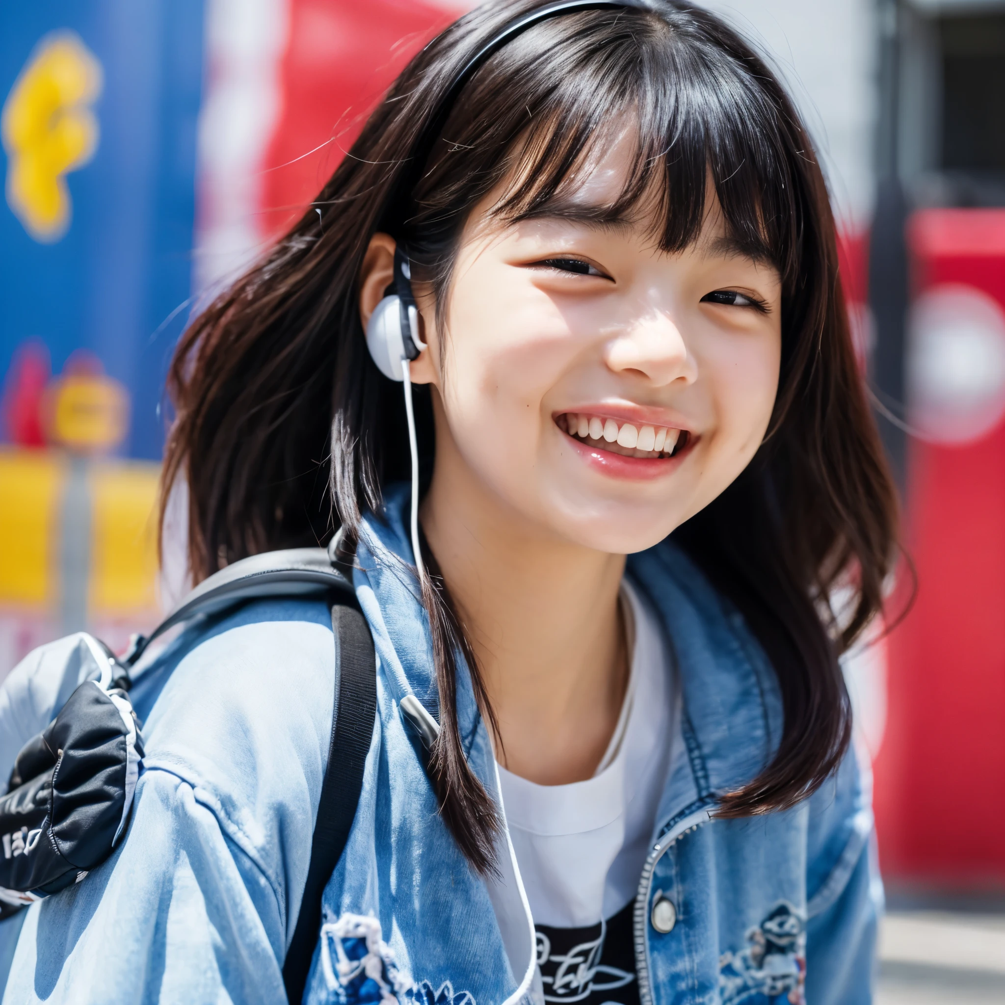 1 woman、18-year-old、masterpiece、highest quality、super detailed、born、Japanese、like a korean idol、black hair、(small face:1.4)、eyeliner、eye shadow、laughter、(Curvaceous:1.4)、headphone、hip hop style、colorful clothes、dynamic pose、Slow motion、blur the background