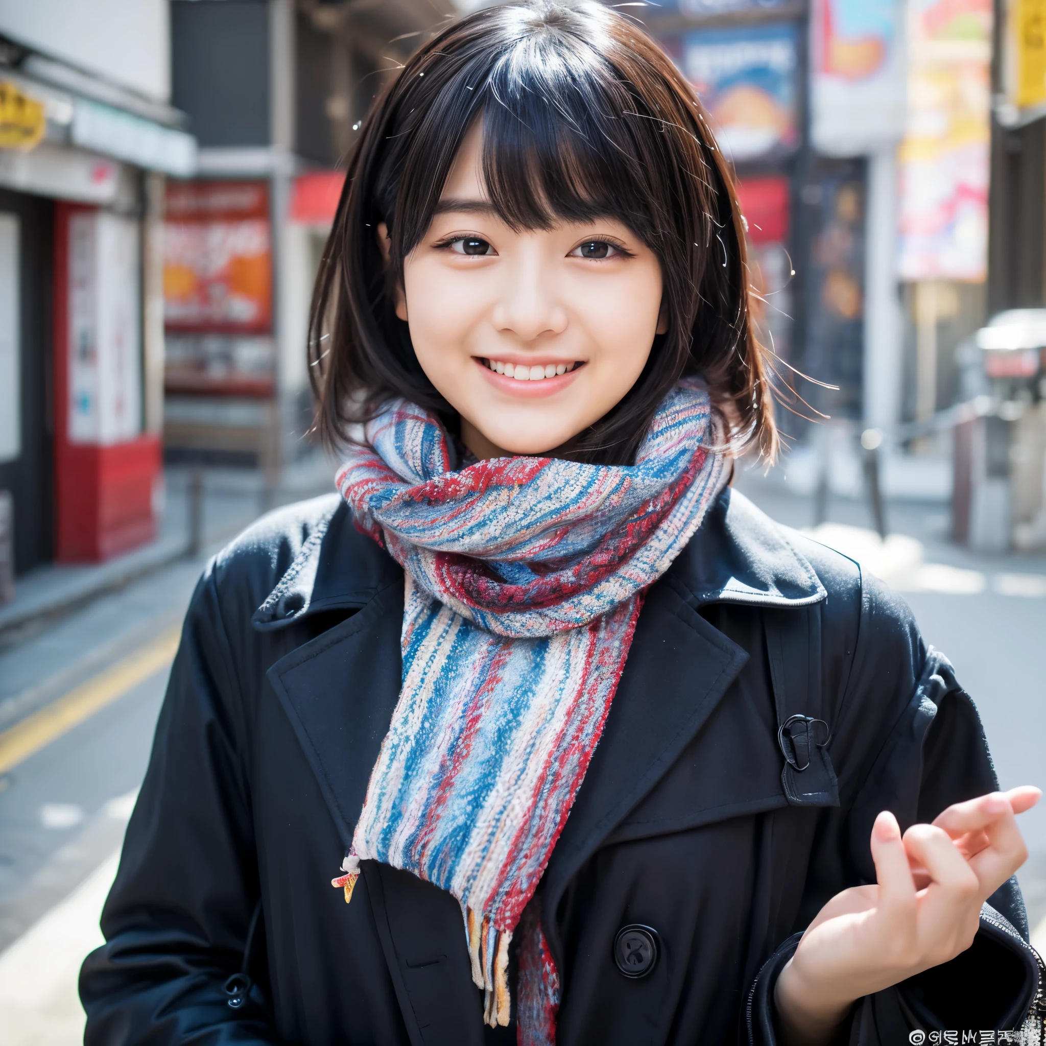 1 woman、18-year-old、masterpiece、highest quality、super detailed、born、Japanese、like a korean idol、black hair、(small face:1.4)、eyeliner、eye shadow、laughter、(Curvaceous:1.4)、Scarf、hip hop style、colorful clothes、dynamic pose、Slow motion、blur the background