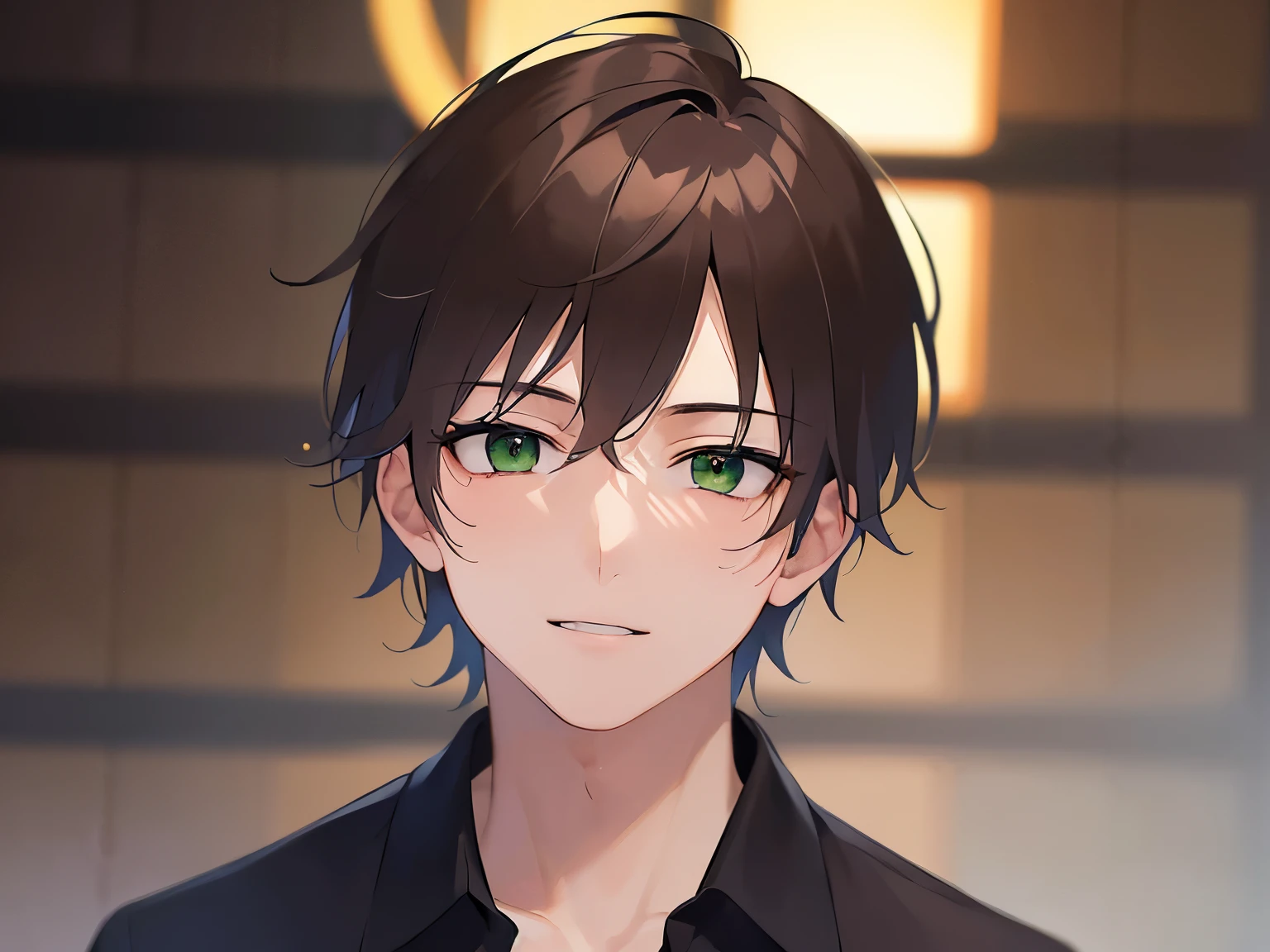Wearing a navy blue shirt, Shooting from below、 high quality、masterpiece、(25 year old man with short brown hair and green eyes:1.5), smile, Alone、The background is the building street outside、Only the upper body is shown、close up of your face