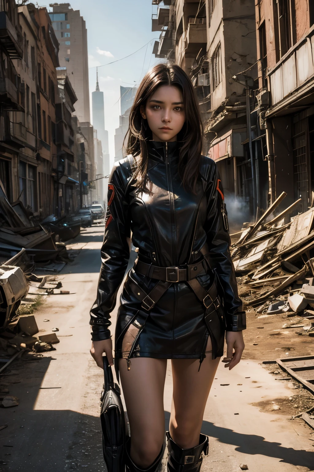 A beautiful woman. Twenty years old. dark brown hair. She is looking at the camera with a serious expression. She stands in a ruined Martian city.