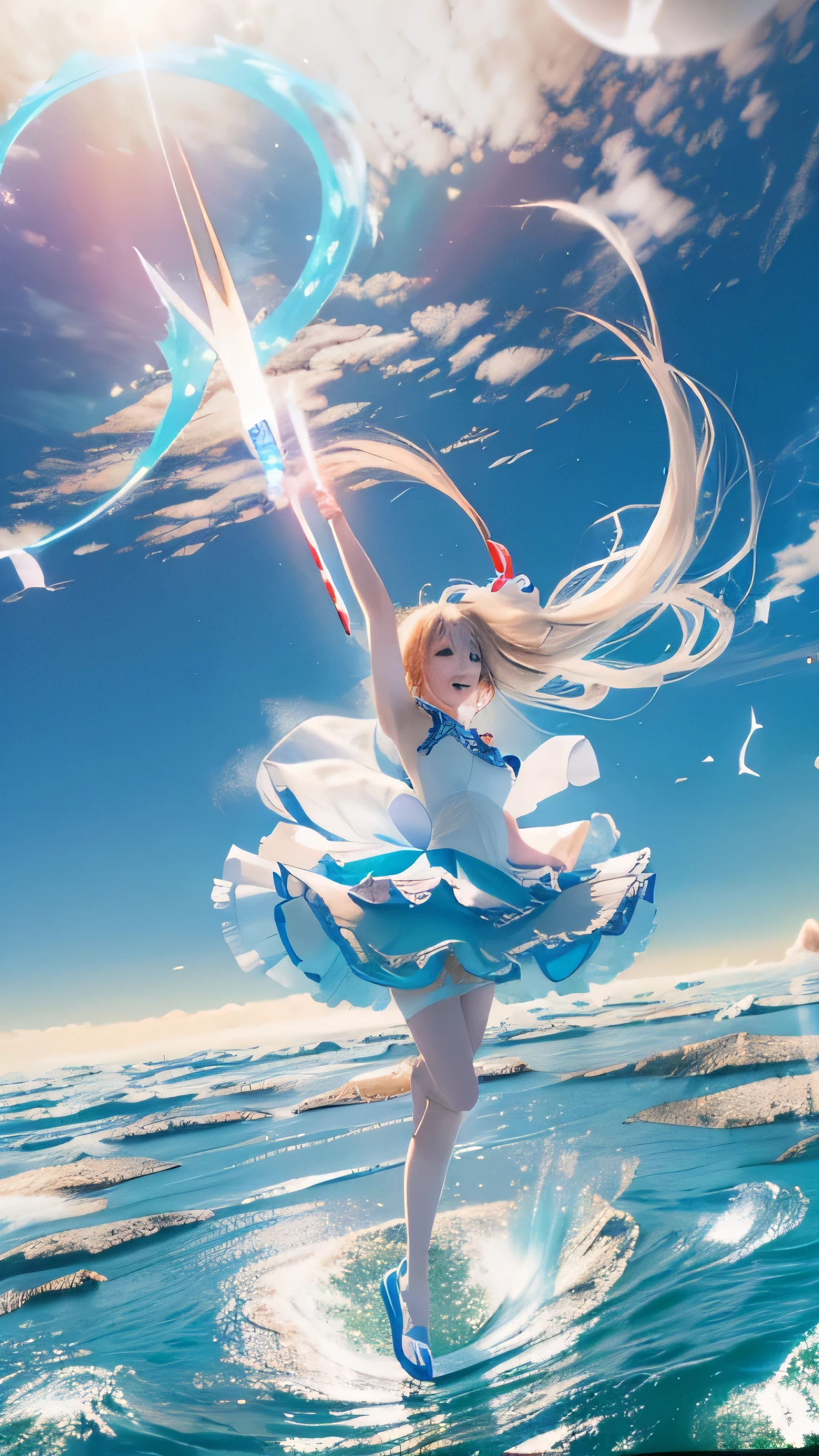 ((RAW image quality:1.4)), 1 girl, , Japanese, A woman wearing a blue and white lolita costuloating in the sky with magical power, Reflecting the strength of her determination,Because she embodies the power of the forces of nature in battle.official art, 8k wallpaper, Super detailed, beautiful and aesthetic, beautiful, masterpiece, highest quality,(Pay attention to the thighs),pretty face,naughty smile, eye details,small bust、delicate body shape、(Wind,outstanding pale straight hair,floating skirt),white panties, (he has a long anime magic wand.)、(wonderful bright blue sky:1.4), biologically correct, A photo that shows the whole body,