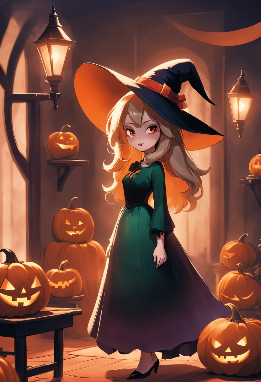 ((Uma bruxa ((Elizabeth Montgomery), (27 anos), de corpo inteiro), The dress is dominated by soft silk,The skirt is long to the floor, with a beautiful witch's hat, (melhor qualidade, alta qualidade: 1,3), CG, dramatic lighting, altamente detalhado, Bokeh, floating pumpkins, animado, em uma casa decorada de Halloween.