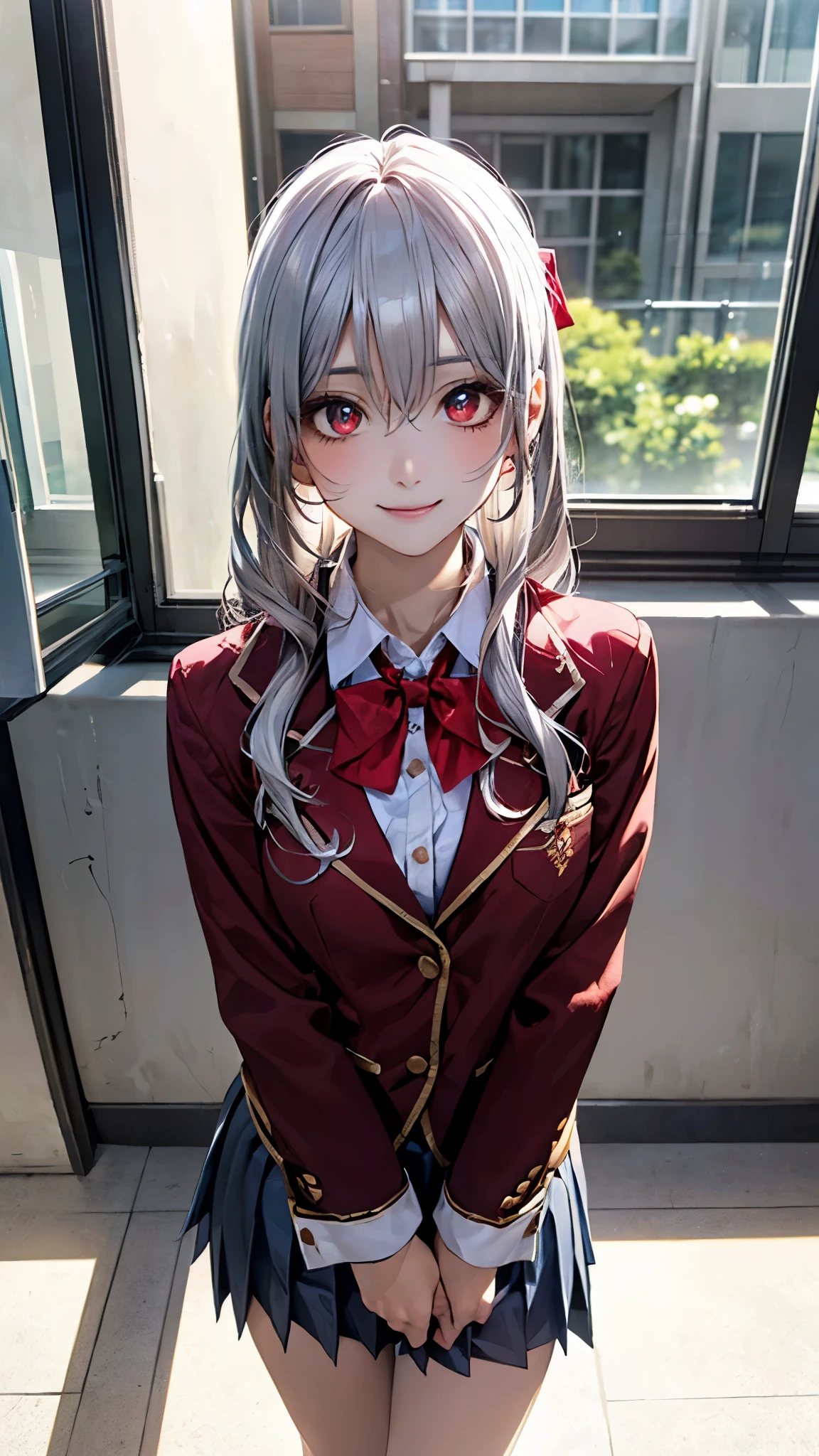 (masterpiece:1.2, top-quality), (realistic, photorealistic:1.4), beautiful illustration, (natural side lighting, movie lighting), nsfw, 
looking at viewer, 1 girl, japanese, high school girl, perfect face, cute and symmetrical face, shiny skin, 
(middle hair, straight hair, silver hair), hair between eyes, dark red eyes, glowing eyes, big eyes, long eye lasher, (medium breasts), slender, 
beautiful hair, beautiful face, beautiful detailed eyes, beautiful clavicle, beautiful body, beautiful chest, beautiful thigh, beautiful legs, beautiful fingers, 
((fumizuki academy school uniform, wain-red blazer, white collared shirts, grey pleated mini skirt), dark blue bow tie), 
(beautiful scenery), evening, (school classroom), standing, (lovely smile, upper eyes), 