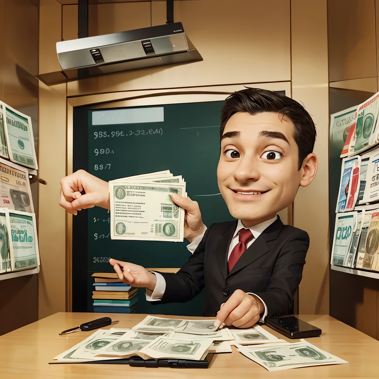 a cartoon of a financial advisor holding a stock of money