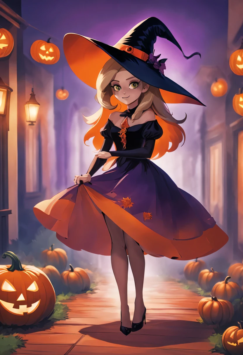 ((Uma bruxa ((Elizabeth Montgomery), (27 anos), de corpo inteiro), The dress is dominated by soft silk，The skirt is long to the floor, with a beautiful witch&#39;s hat, (melhor qualidade, alta qualidade: 1,3), CG, dramatic lighting, altamente detalhado, Bokeh, floating pumpkins, animado, em uma casa decorada de Halloween.