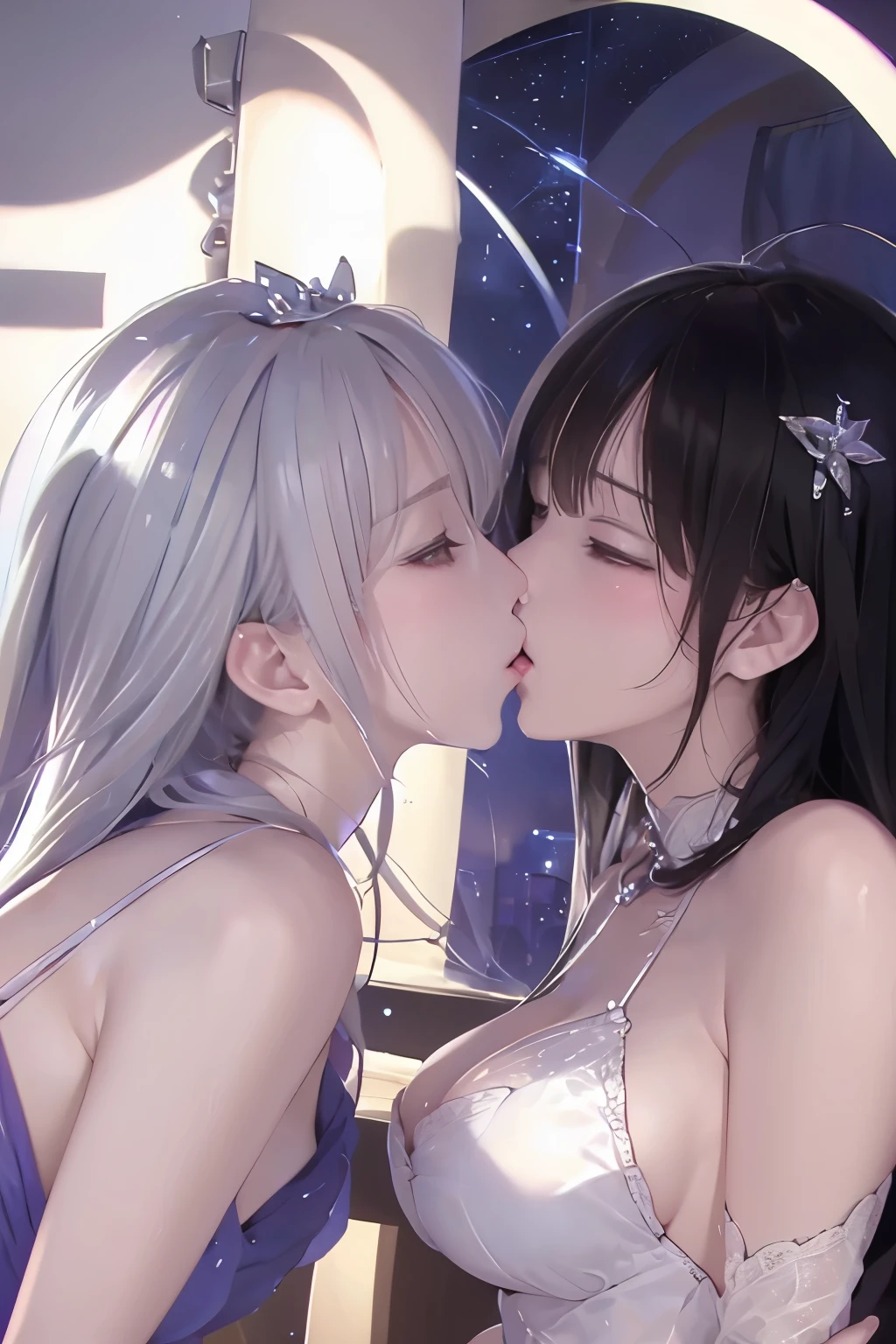 ((masterpiece、Super detailed、intricate details、high quality、clear、delicate、Accurate、An illustration))、girl２people（（（Silver-haired and black-haired、18-year-old、150cm、40km、I'm kissing、C cup、shyness、blush、expression of ecstasy、Ahe face、sticking out tongue、Watery eye、thin、torn clothes、cleavage exposed、luxurious dress、shining tiara、Rubbing the other person's chest、the navel is exposed、Overflowing Eros、pushing the opponent down、）））full body figure:1.4、Overall view、view from a distance、bdsm（（（Lockで繋がれている、leash and leather collar、Silver shackles、silver shackles、slave、Lock、bondage、bondage、Tattered Dress）））