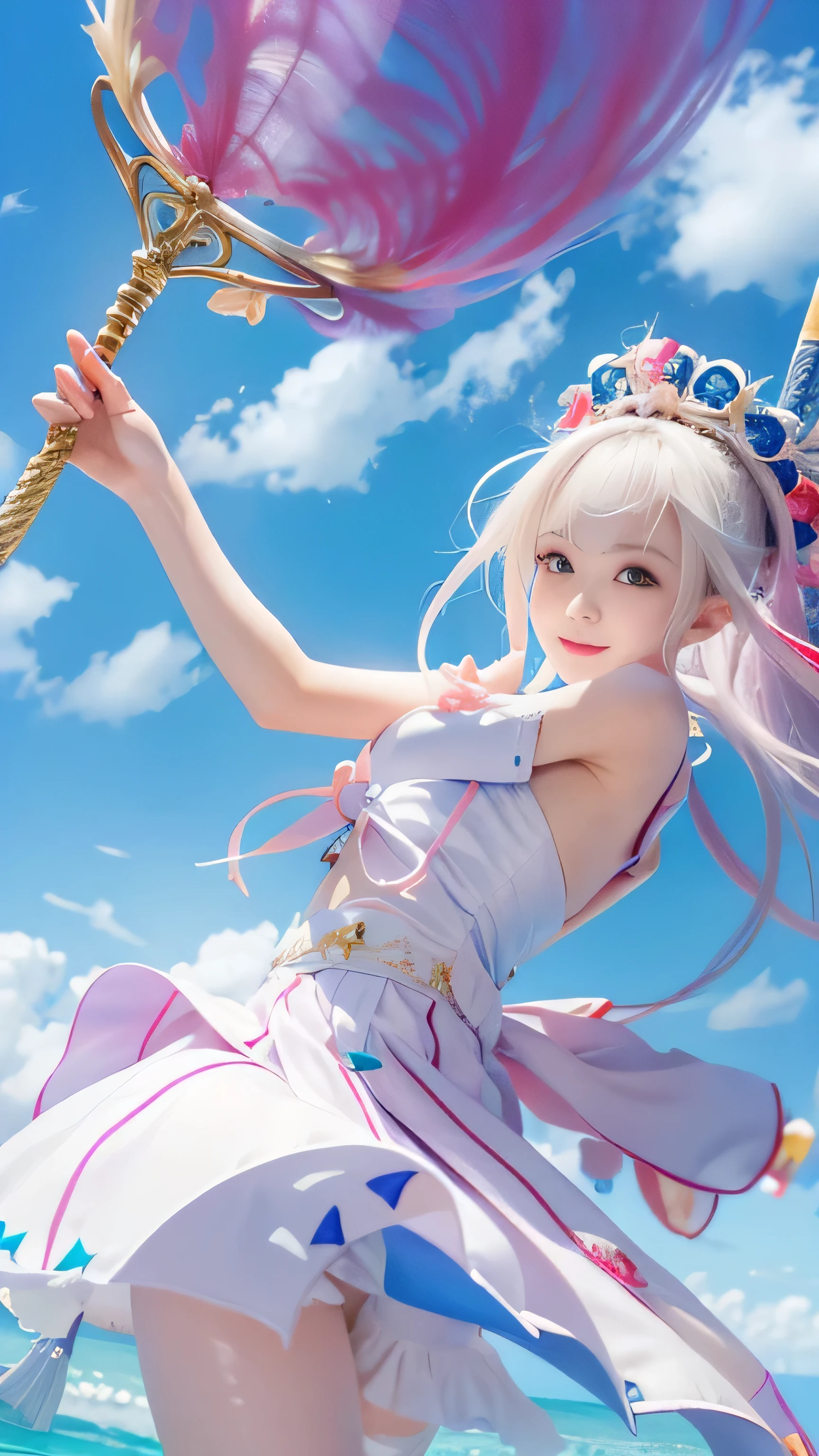 ((RAW image quality:1.4)), 1 girl, , Japanese, A woman wearing a blue and white lolita costuloating in the sky with magical power, Reflecting the strength of her determination,Because she embodies the power of the forces of nature in battle.official art, 8k wallpaper, Super detailed, beautiful and aesthetic, beautiful, masterpiece, highest quality,(Pay attention to the thighs),pretty face,naughty smile, eye details,small bust、delicate body shape、(Wind,outstanding pale straight hair,floating skirt),white panties, (he has a long anime magic wand.)、(wonderful bright blue sky:1.4), biologically correct, A photo that shows the whole body,