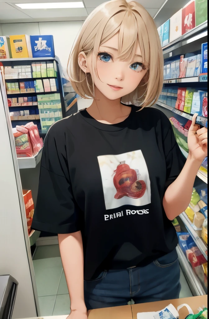 masterpiece、highest quality、be familiar with、1 female、18-year-old、blue eyes、blonde、black skin、(((oil skin))),shiny skin, short hair、Oversized T-shirt、Shoulders are out、Seductive thighs、big breasts、big breasts、A woman went shopping、Angle from above、embarrassed face、from the front、upward glance、background bokeh、In front of the convenience store cashier counter、A girl who came to buy condoms、Place condoms and alcohol on the cashier counter、