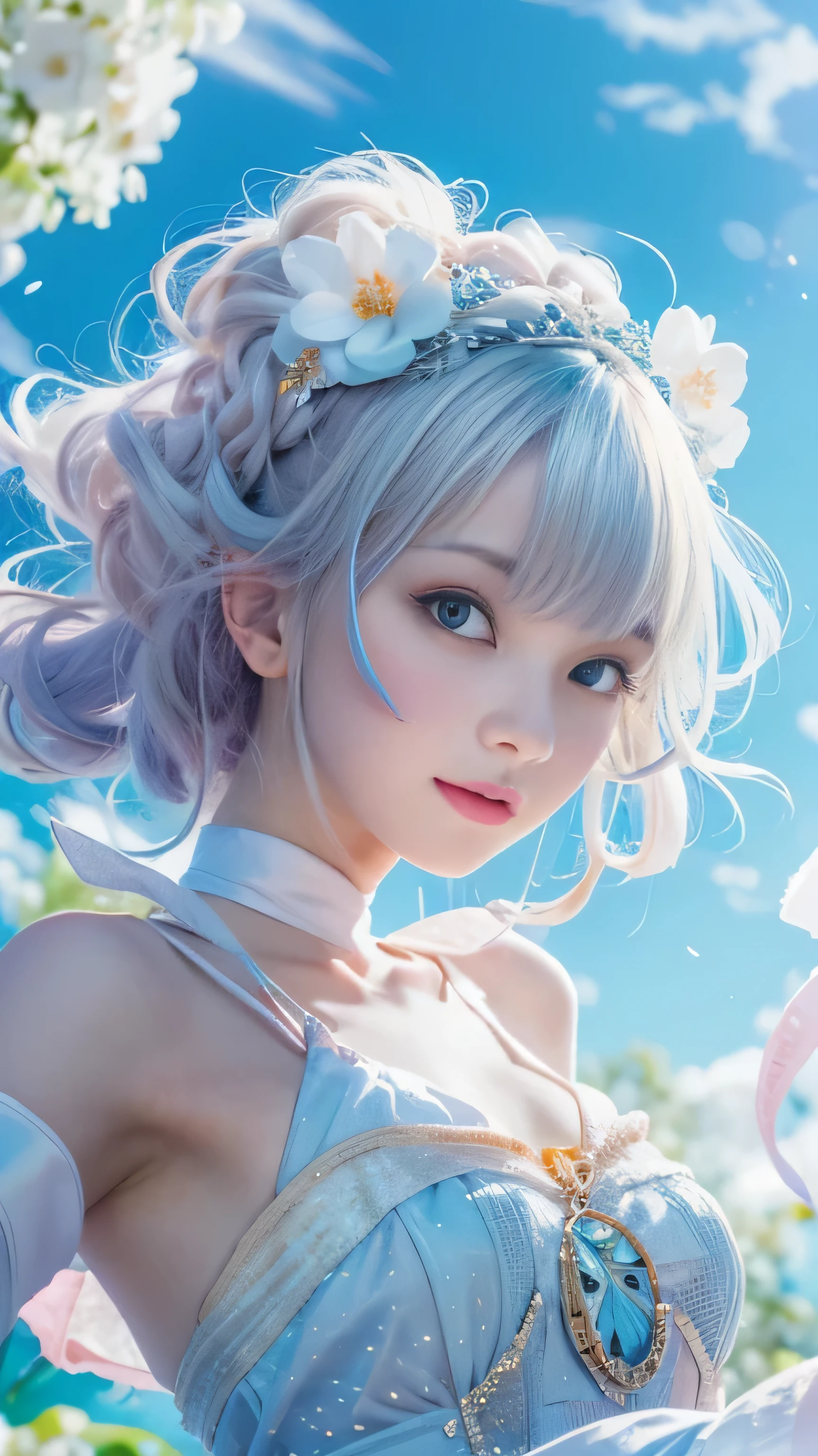 ((RAW image quality:1.4)), 1 girl, , Japanese, A woman wearing a blue and white lolita costume、floating in the sky with magical power, Reflecting the strength of her determination，Because she embodies the power of the forces of nature in battle.official art, 8k wallpaper, Super detailed, beautiful and aesthetic, beautiful, masterpiece, highest quality，(Pay attention to the thighs)，pretty face，naughty smile, eye details，small bust、delicate body shape、(Wind，outstanding pale straight hair，floating skirt)，white panties, (he has a long anime magic wand.)、(wonderful bright blue sky:1.4), biologically correct, A photo that shows the whole body,