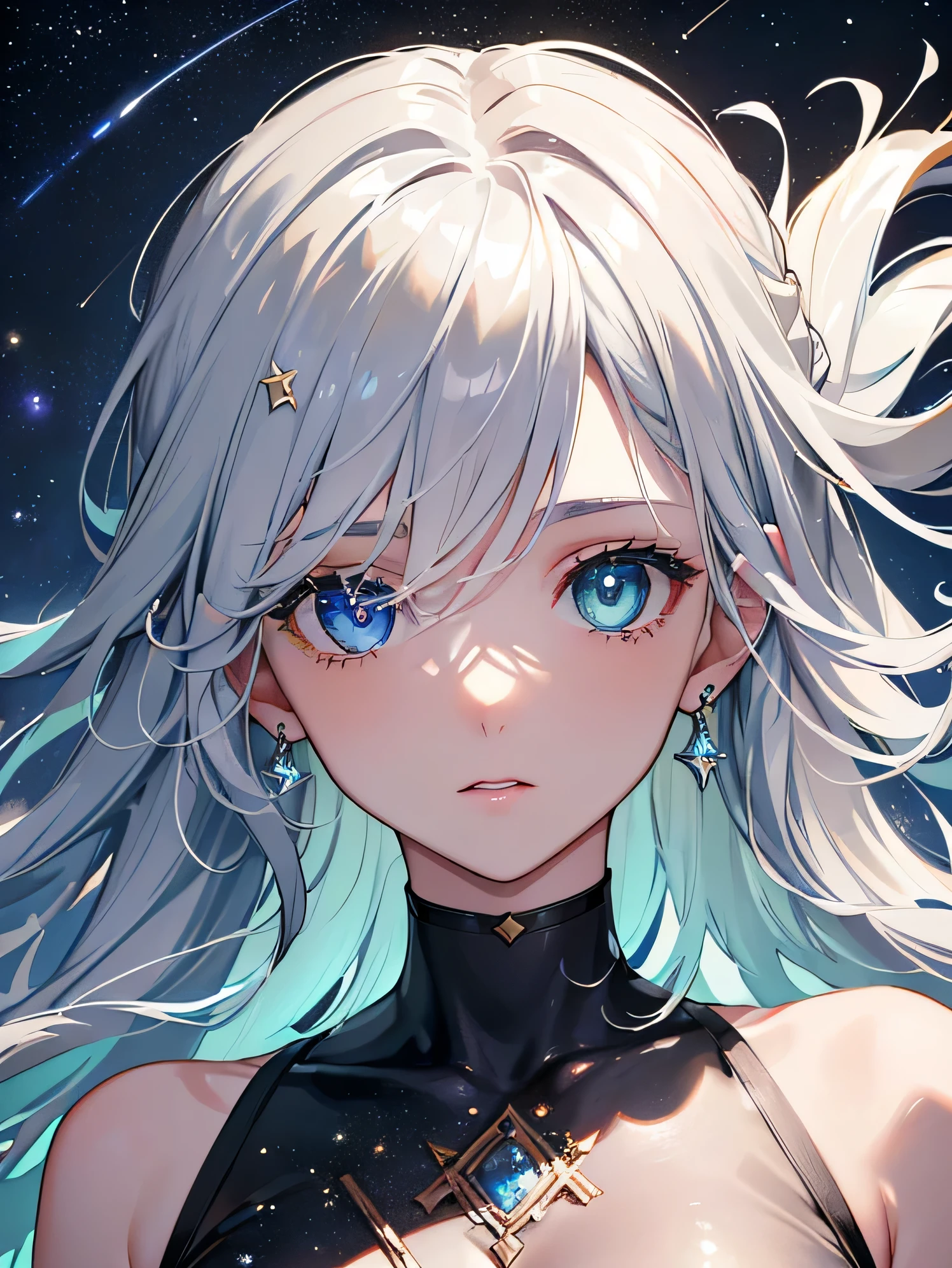 (Close-up of masterpieces in even higher resolution:1.5)0.9], (night sky and shooting stars:1.2) (messy silver hair:1.1) (Yellow eyes with heterochromia and blue eyes:1.2) (colored stars in the eyes:1.0) (synchrotron radiation:1.1) 
