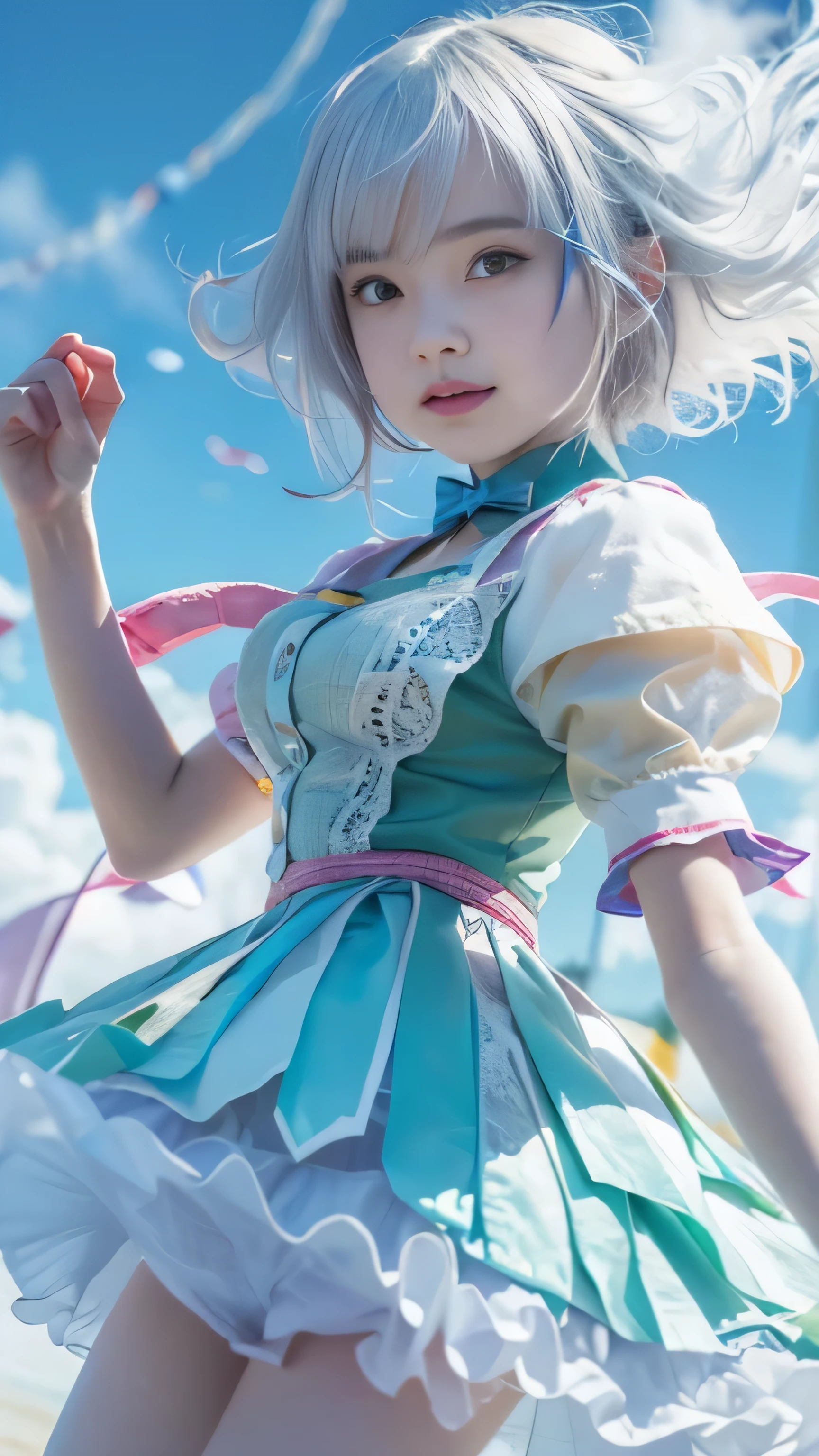 ((RAW image quality:1.4)), 1 girl, 13 years old, Japanese, A woman wearing a blue and white lolita costume、floating in the sky with magical power, Reflecting the strength of her determination,Because she embodies the power of the forces of nature in battle.official art, 8k wallpaper, Super detailed, beautiful and aesthetic, beautiful, masterpiece, highest quality,(Pay attention to the thighs),pretty face,naughty smile, eye details,small bust、delicate body shape、(Wind,outstanding pale straight hair,floating skirt),white panties, (he has a long anime magic wand.)、(wonderful bright blue sky:1.4), biologically correct, A photo that shows the whole body,