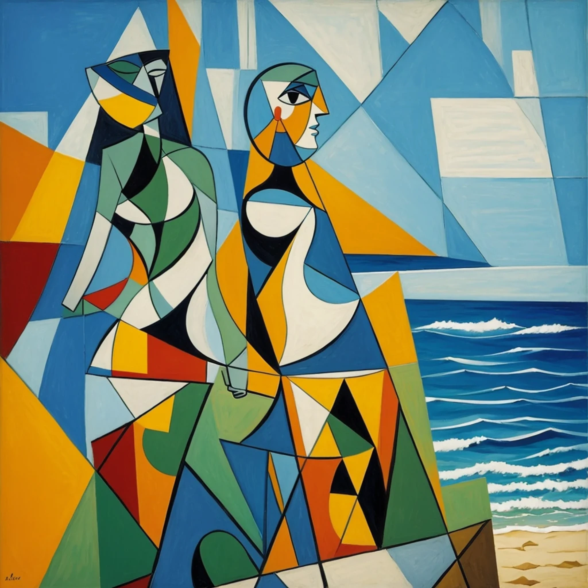 Man, and woman cubism paint, water, back, picasso, turtle, beach