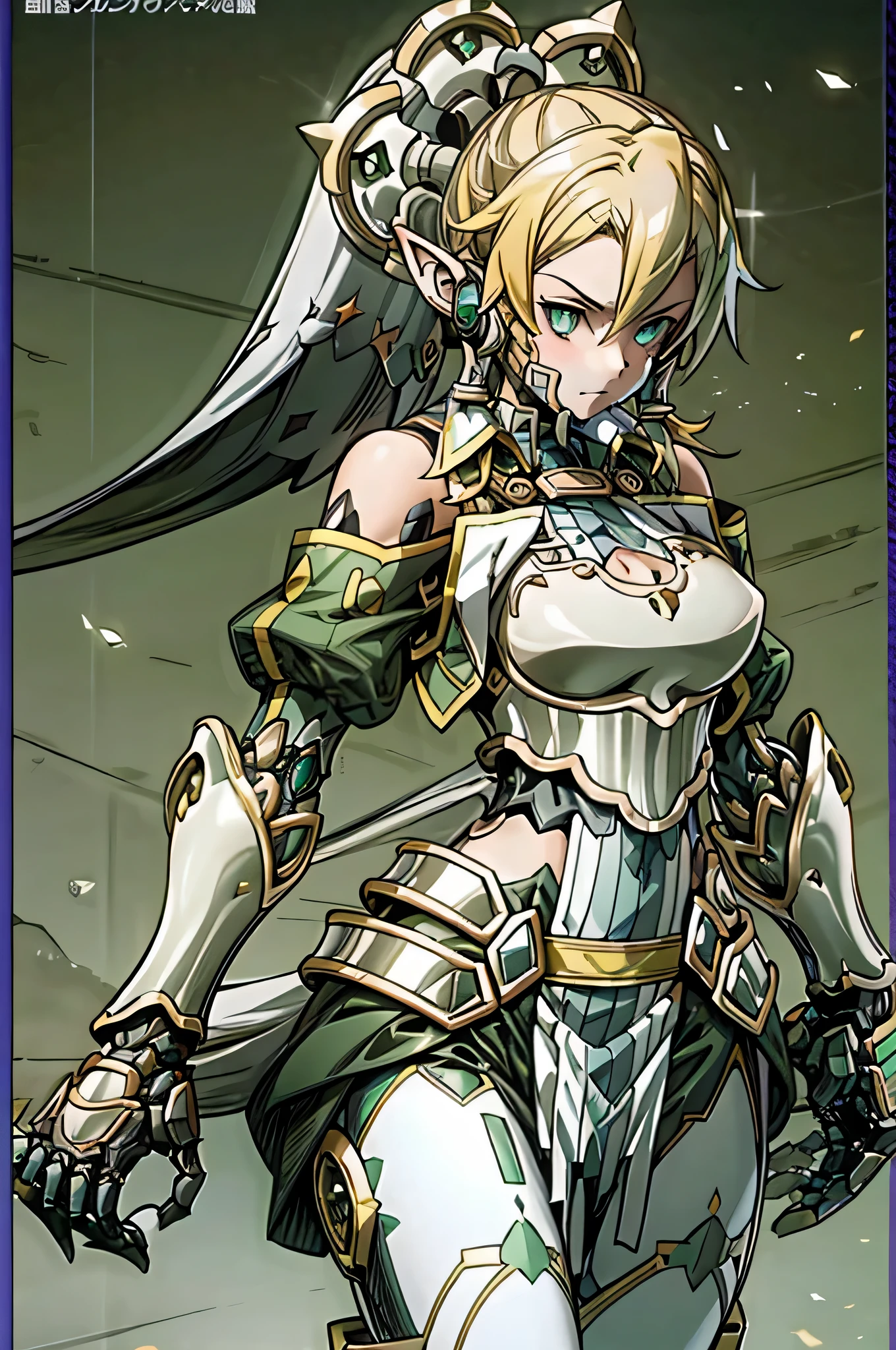(((highest quality)))、(((unity 8k wallpaper)))、(((32K)))、(((masterpiece)))、(((Super detailed)))、(((ultra high resolution)))、(((ultra high resolution)))、(((cyborg reefer)))、(((a mecha girl)))、(((robot girl))、((Onion-colored and yellow mold dress-type armor、mechanical limbs、mecha musume、mechanical parts、複雑に表現されたスーパーrobot joints、robot joints、robot fingertips、single mechanical arm、mechanical arm、elf ears headset、Complex mechanical bodies、Mechanical waist covered with dense armor、Realistic and complex camera eye:1.5))、A complex fusion of body and machine、The legs are covered with green and yellow armor、Beautiful legs with mechanical knee joints wrapped in sock-like armor、mechanical fingers、Eyes like a mechanical camera、anatomically accurate machine、Covered in light purple and yellow armor、very beautiful face、beautiful posture、upright、long ponytail hairstyle、
