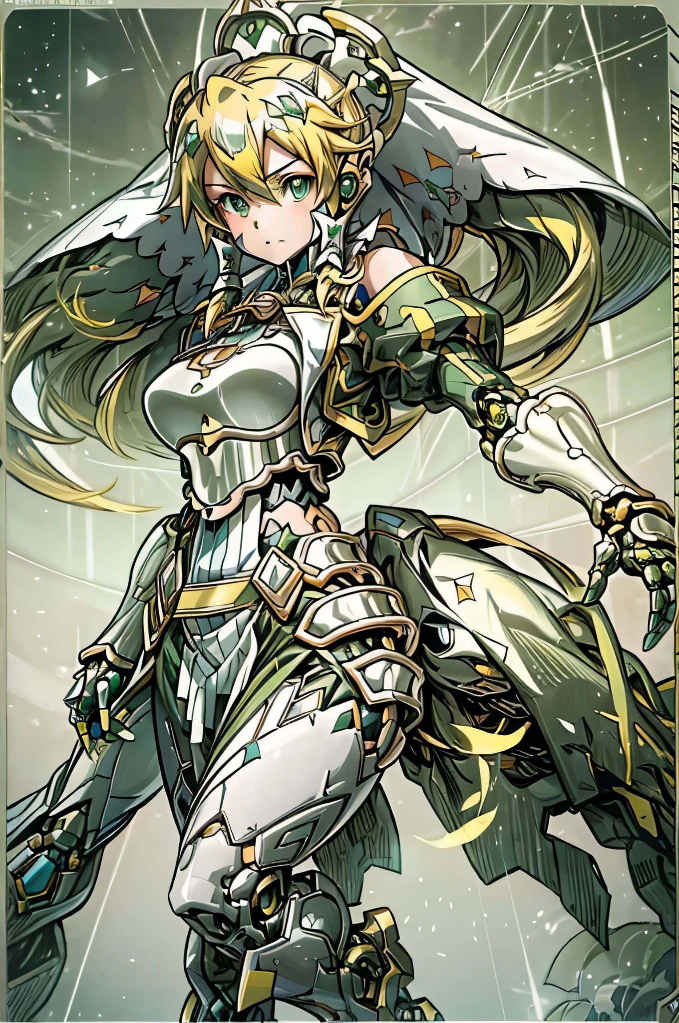 (((highest quality)))、(((unity 8k wallpaper)))、(((32K)))、(((masterpiece)))、(((Super detailed)))、(((ultra high resolution)))、(((ultra high resolution)))、(((cyborg reefer)))、(((a mecha girl)))、(((robot girl))、((Onion-colored and yellow mold dress-type armor、mechanical limbs、mecha musume、mechanical parts、複雑に表現されたスーパーrobot joints、robot joints、robot fingertips、single mechanical arm、mechanical arm、elf ears headset、Complex mechanical bodies、Mechanical waist covered with dense armor、Realistic and complex camera eye:1.5))、A complex fusion of body and machine、The legs are covered with green and yellow armor、Beautiful legs with mechanical knee joints wrapped in sock-like armor、mechanical fingers、Eyes like a mechanical camera、anatomically accurate machine、Covered in light purple and yellow armor、very beautiful face、beautiful posture、upright、long ponytail hairstyle、