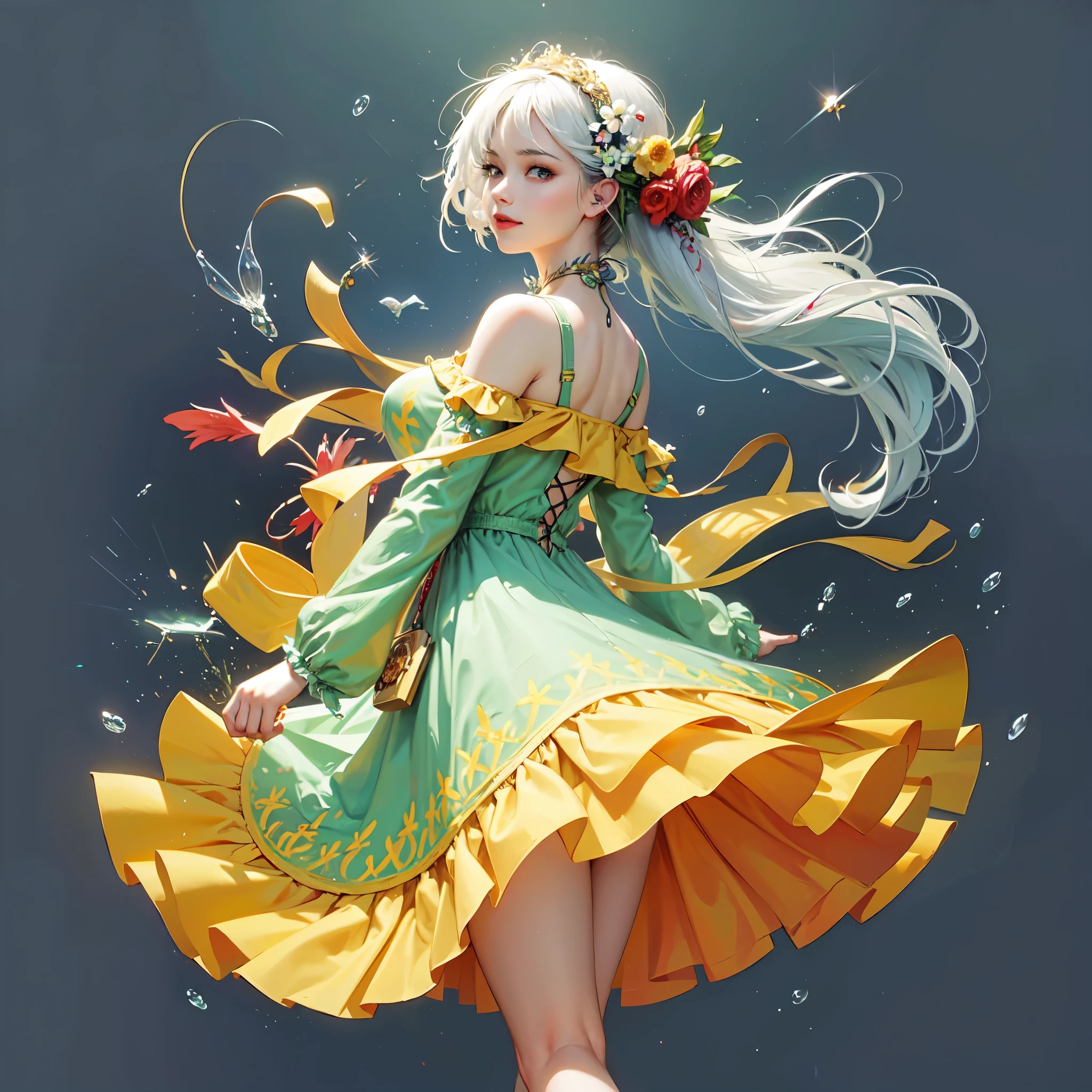 unity 8k wallpaper, Super detailed, beautiful and aesthetic, masterpiece, highest quality, (zentangle, mandala, tangle, entangle), (fractal art:1.3) , 1 girl, very detailed, highest quality, masterpiece, ultra high resolution, realistic, 1 girl, off shoulder, smile,surrounded by flowers,Floral Dresses