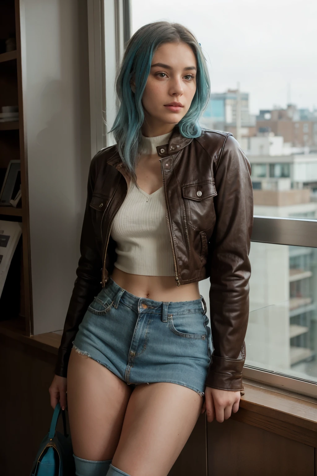 beautiful woman with turquoise hair, light freckles, looking out of the window, wearing a jean denim skirt, brown leather jacket on top, woolen knee length socks, slim body, fit, thick thighs, dreamy and romantic compositions, model pose