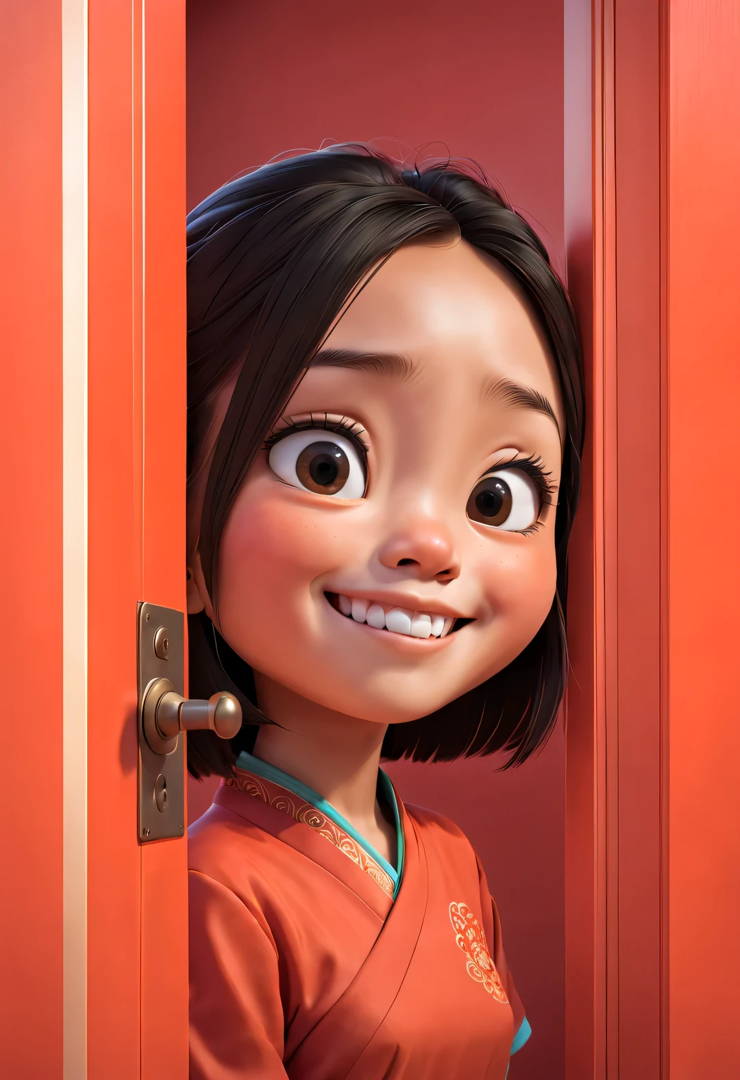 pixar animation,Hiding behind the orange door only the head of the cute Chinese girl is exposed,(Only head exposed:1.3),peek-a-boo action, bright smile,glare,Ultra-detailed details,simple clean red background,