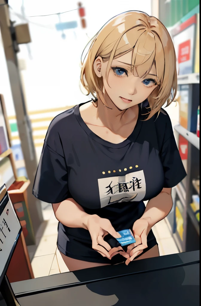 masterpiece、highest quality、be familiar with、1 female、18-year-old、blue eyes、blonde、black skin、(((oil skin))),shiny skin, short hair、Oversized T-shirt、Shoulders are out、Seductive thighs、big breasts、big breasts、A woman went shopping、Angle from above、embarrassed face、from the front、upward glance、background bokeh、In front of the convenience store cashier counter、A girl who came to buy condoms、Place condoms and alcohol on the cashier counter、((照れた顔、赤面、恥ずかしそう))