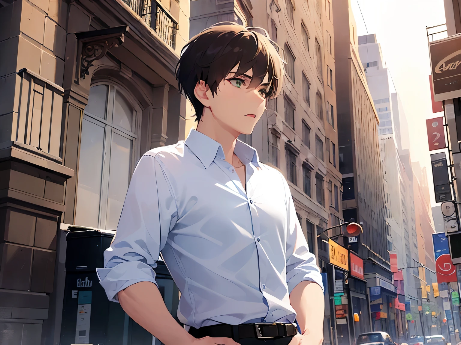 (looking away:1.5), Wearing a navy blue shirt, Shooting from below、 high quality、masterpiece、(25 year old man with short brown hair and green eyes:1.5), serious expression、open mouth, Alone、The background is the building street outside、Only the upper body is shown、close up of your face
