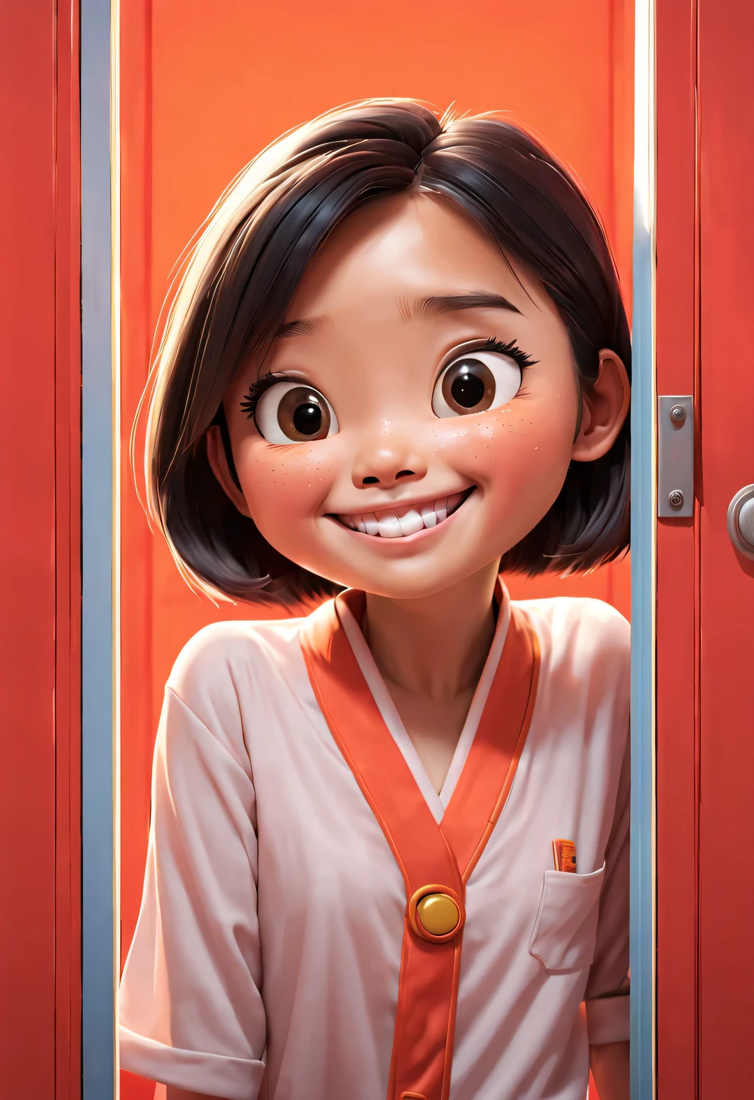 pixar animation，Hiding behind the orange door only the head of the cute Chinese girl is exposed，（Only head exposed：1.3），peek-a-boo action， bright smile，glare，Ultra-detailed details，simple clean red background，